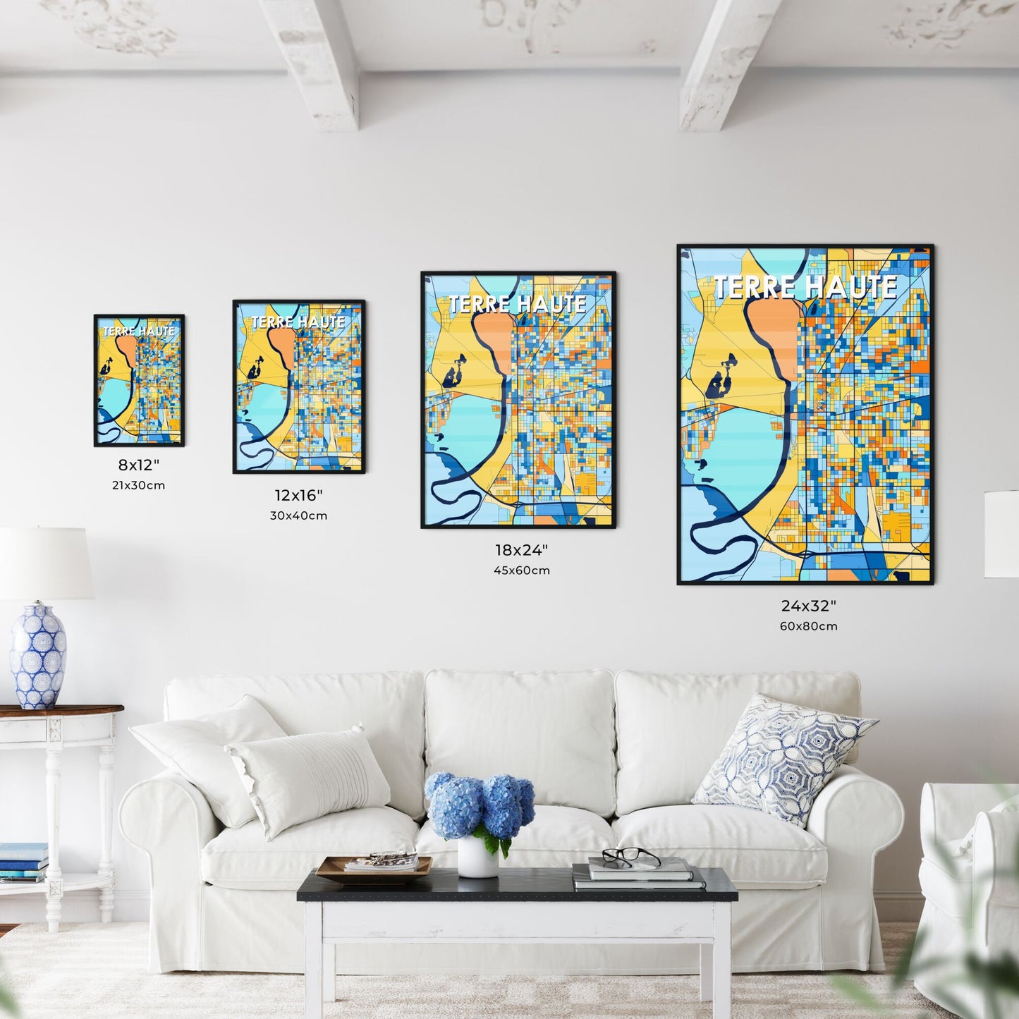 TERRE HAUTE INDIANA Vibrant Colorful Art Map Poster Blue Orange