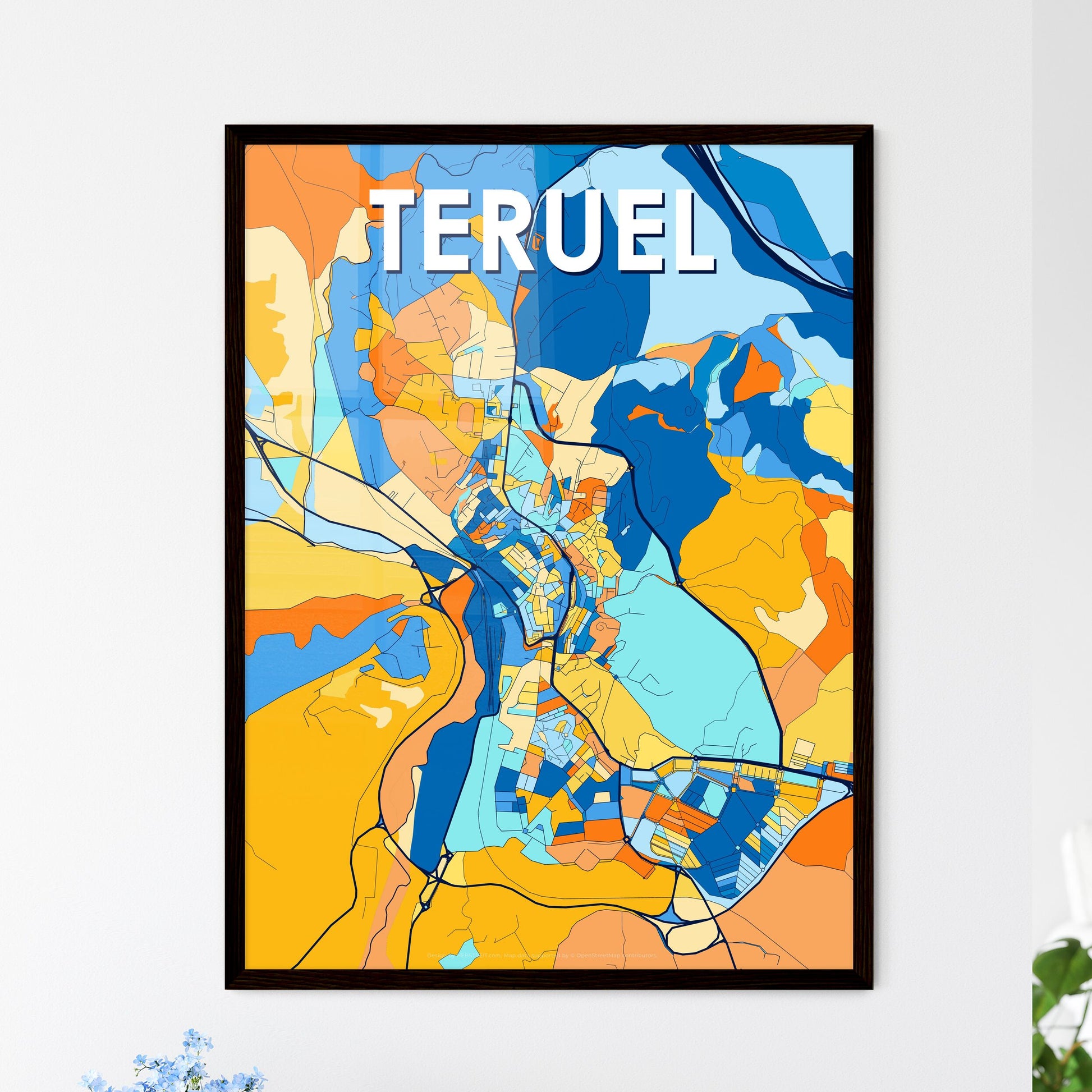 TERUEL SPAIN Vibrant Colorful Art Map Poster Blue Orange