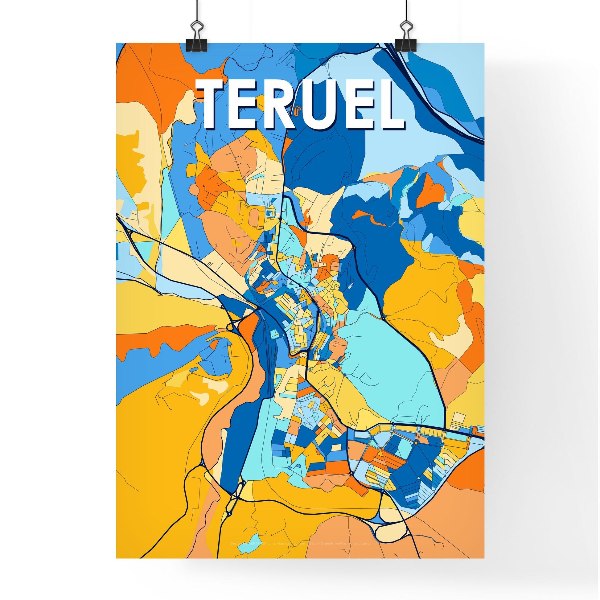 TERUEL SPAIN Vibrant Colorful Art Map Poster Blue Orange