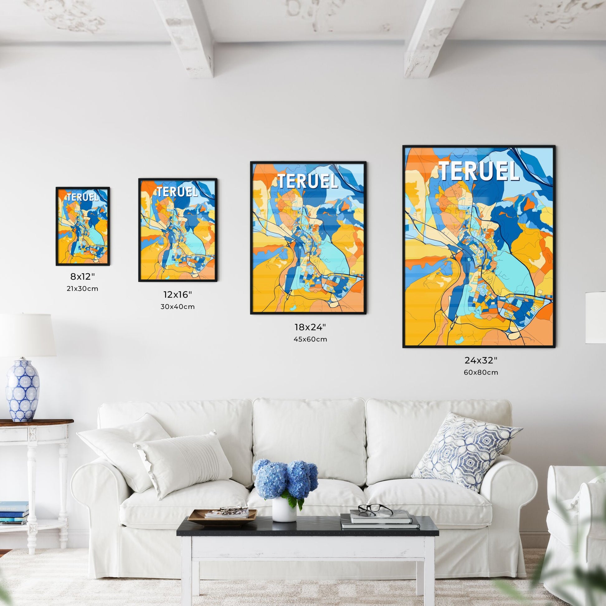 TERUEL SPAIN Vibrant Colorful Art Map Poster Blue Orange