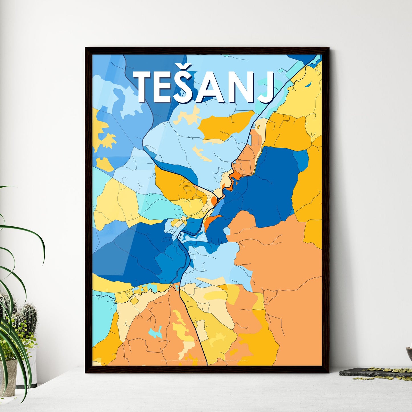 TEŠANJ BOSNIA AND HERZEGOVINA Vibrant Colorful Art Map Poster Blue Orange