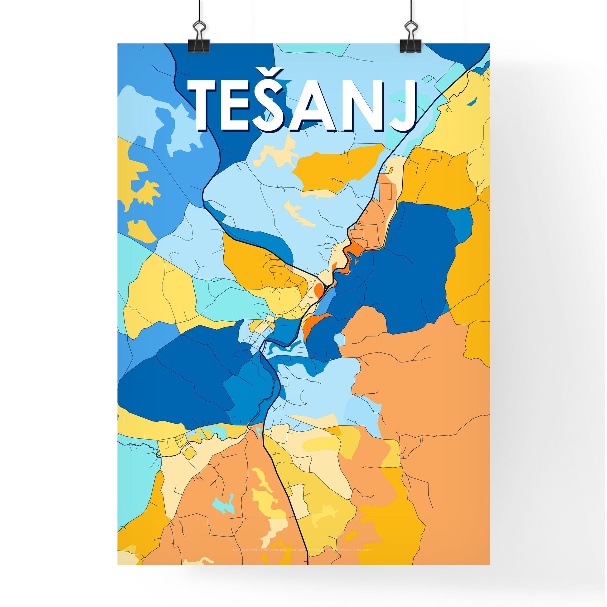 TEŠANJ BOSNIA AND HERZEGOVINA Vibrant Colorful Art Map Poster Blue Orange