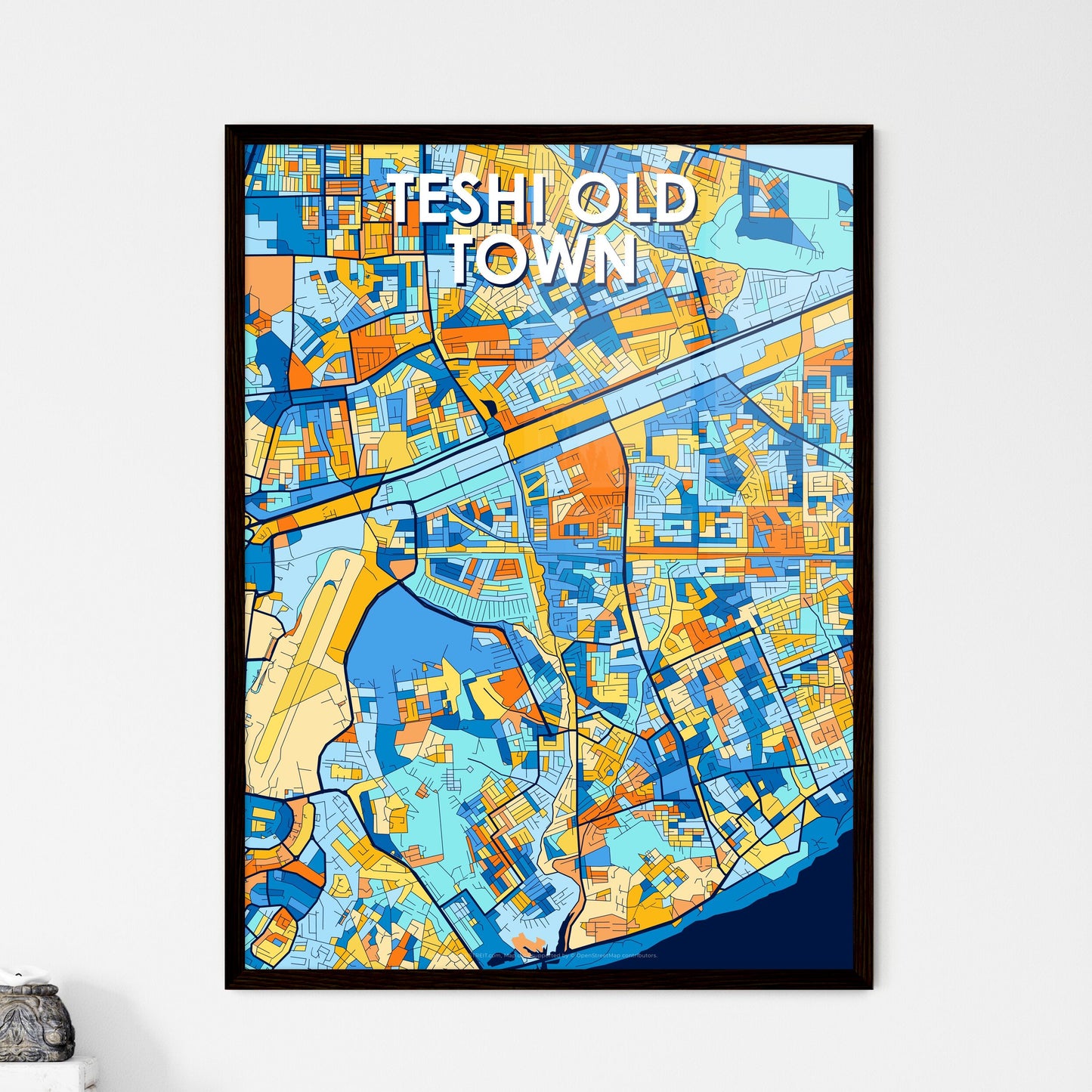 TESHI OLD TOWN GHANA Vibrant Colorful Art Map Poster Blue Orange