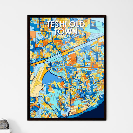 TESHI OLD TOWN GHANA Vibrant Colorful Art Map Poster Blue Orange