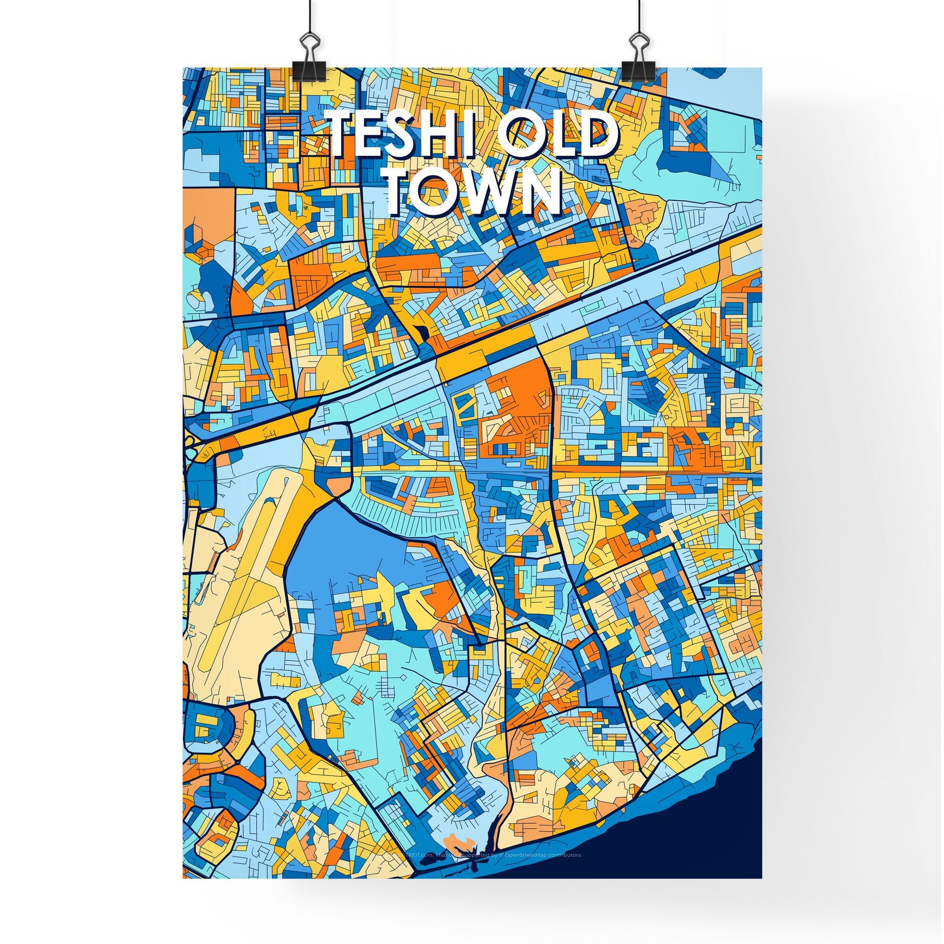 TESHI OLD TOWN GHANA Vibrant Colorful Art Map Poster Blue Orange