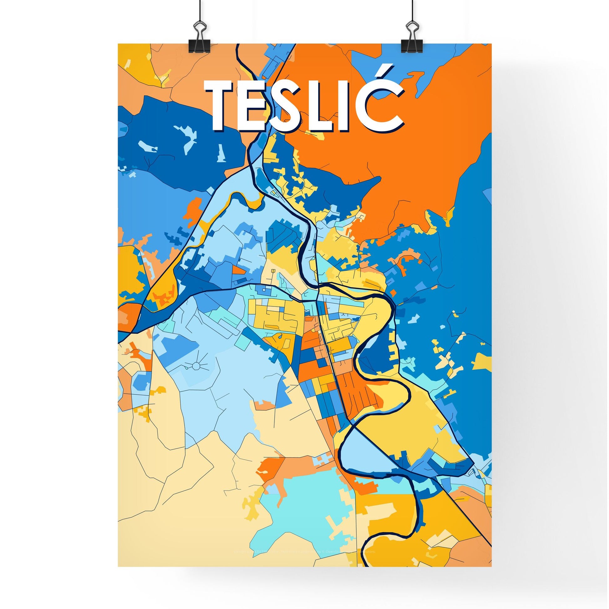 TESLIĆ BOSNIA AND HERZEGOVINA Vibrant Colorful Art Map Poster Blue Orange