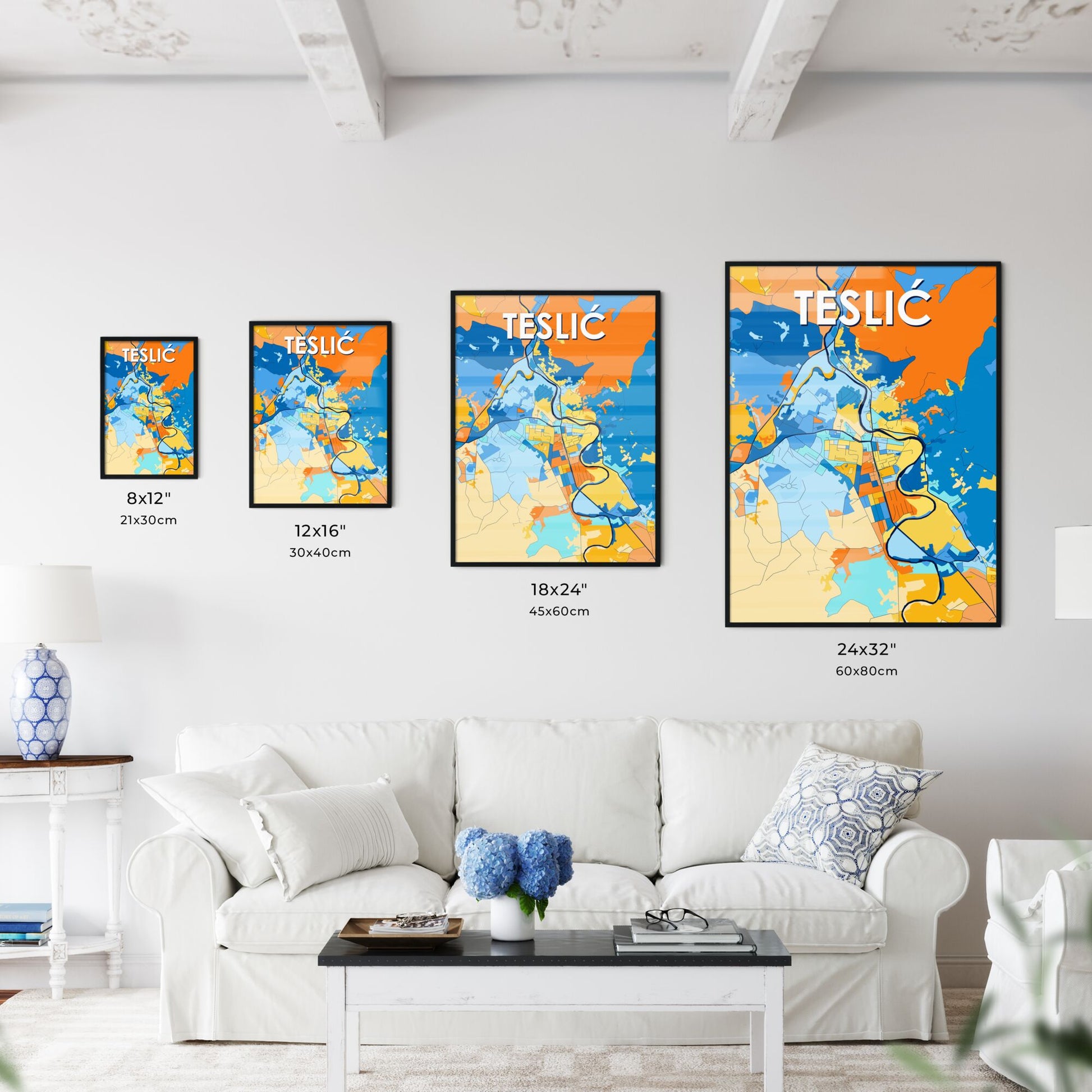 TESLIĆ BOSNIA AND HERZEGOVINA Vibrant Colorful Art Map Poster Blue Orange