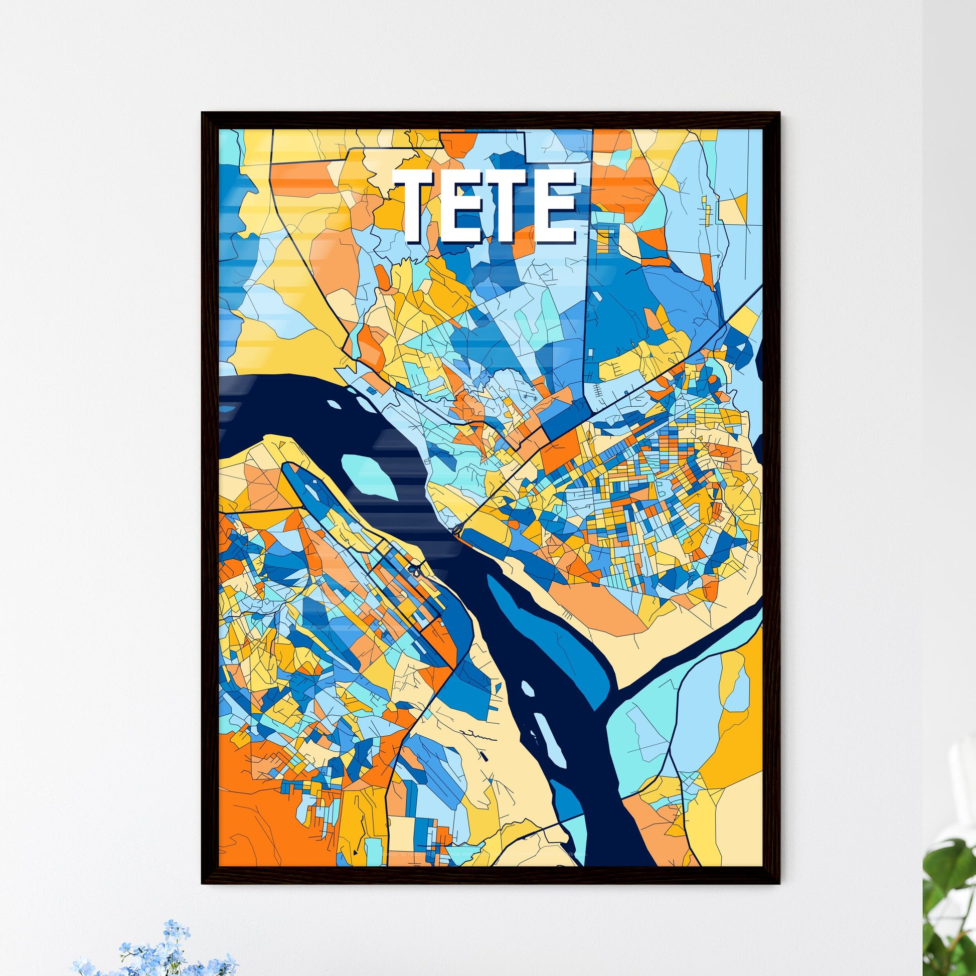 TETE MOZAMBIQUE Vibrant Colorful Art Map Poster Blue Orange