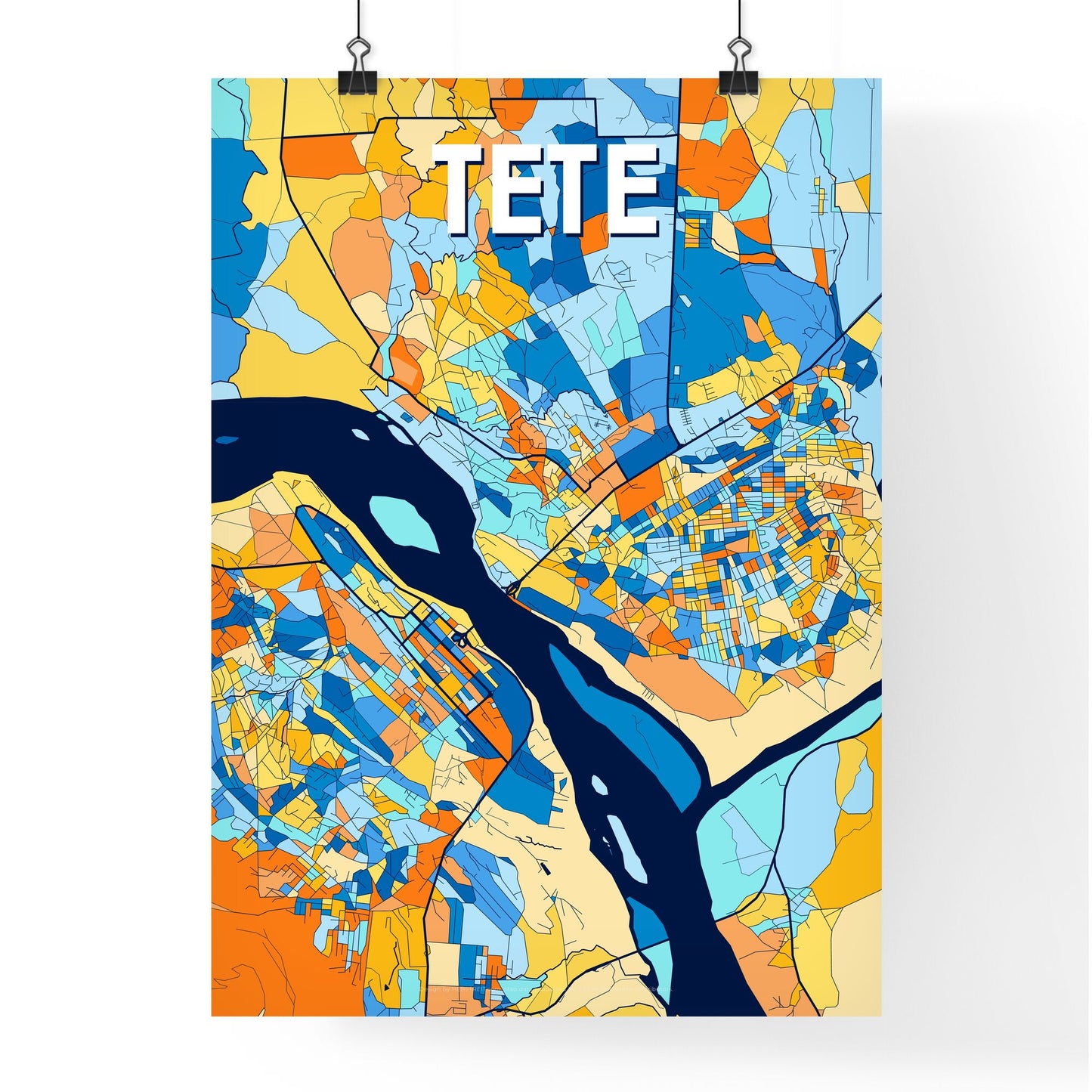 TETE MOZAMBIQUE Vibrant Colorful Art Map Poster Blue Orange