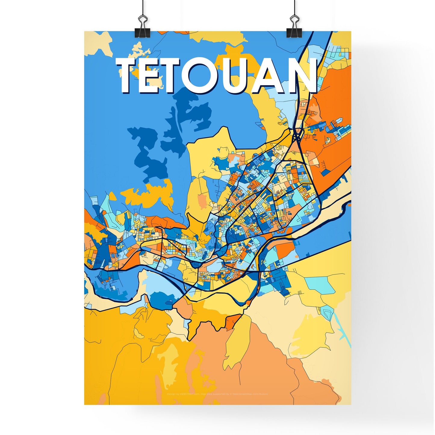 TETOUAN MOROCCO Vibrant Colorful Art Map Poster Blue Orange