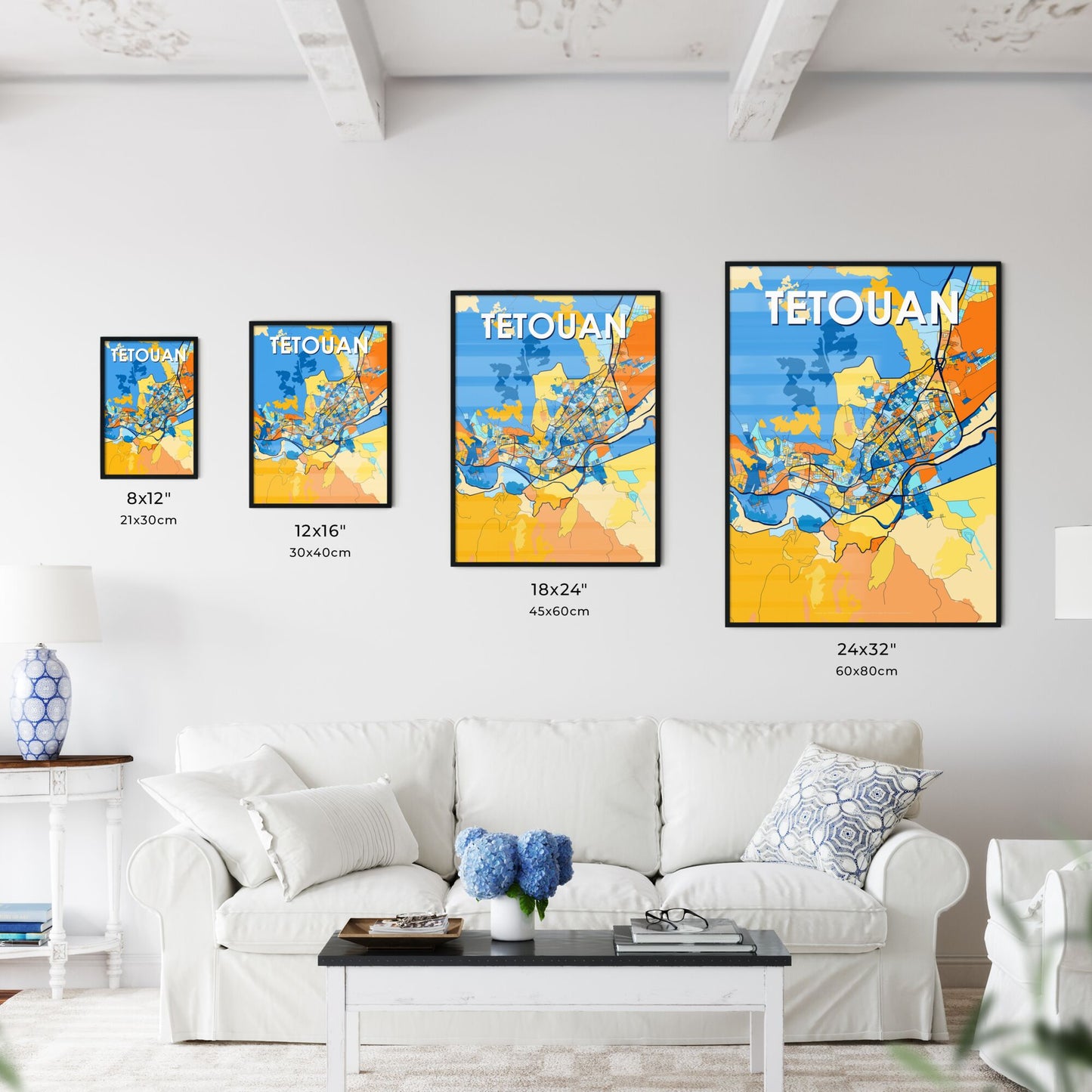 TETOUAN MOROCCO Vibrant Colorful Art Map Poster Blue Orange