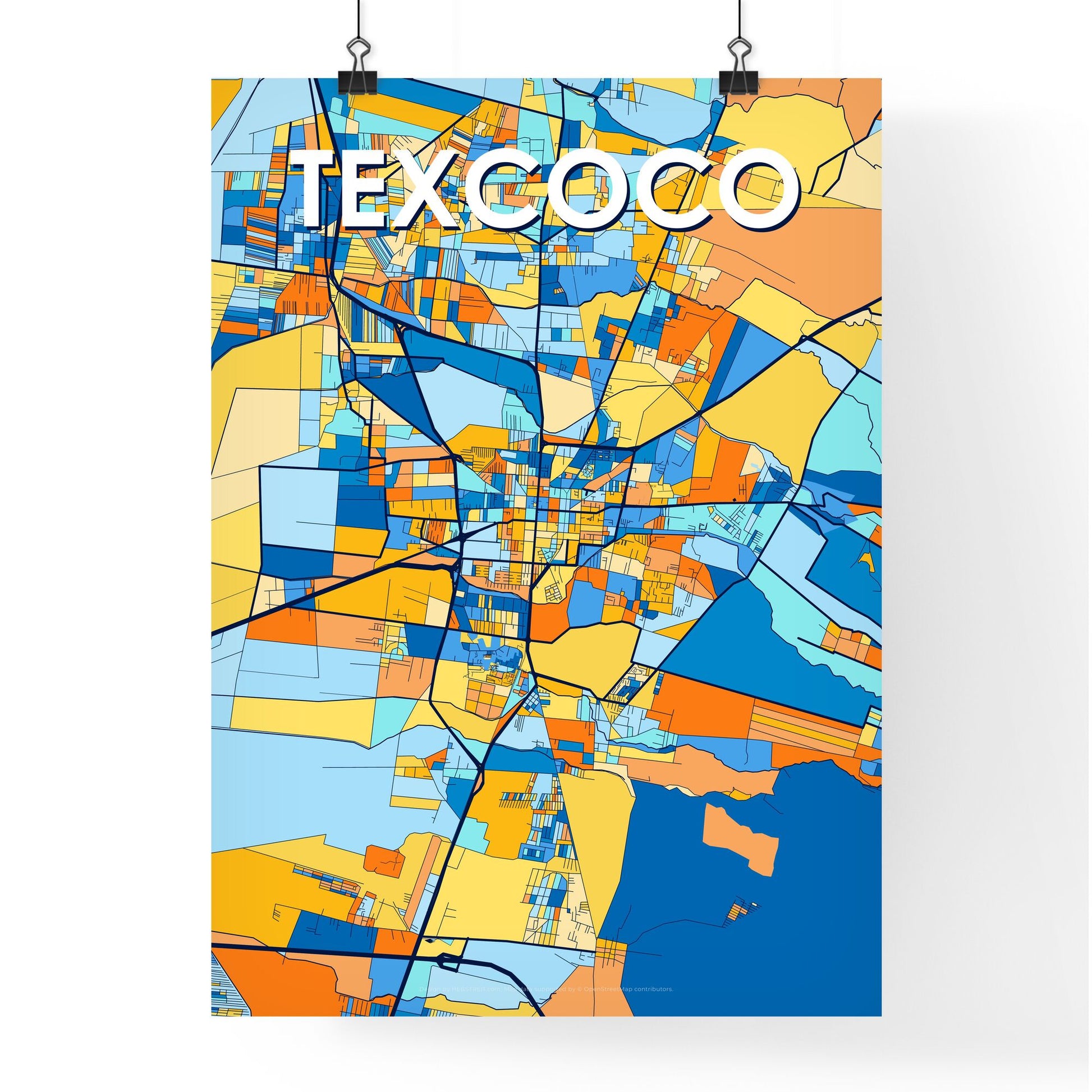 TEXCOCO MEXICO Vibrant Colorful Art Map Poster Blue Orange