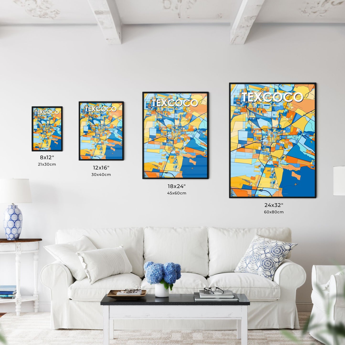 TEXCOCO MEXICO Vibrant Colorful Art Map Poster Blue Orange