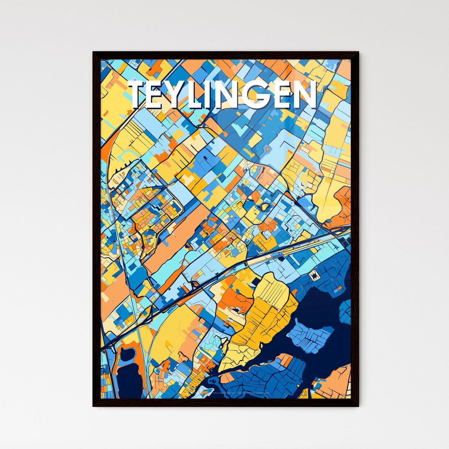 TEYLINGEN NETHERLANDS Vibrant Colorful Art Map Poster Blue Orange