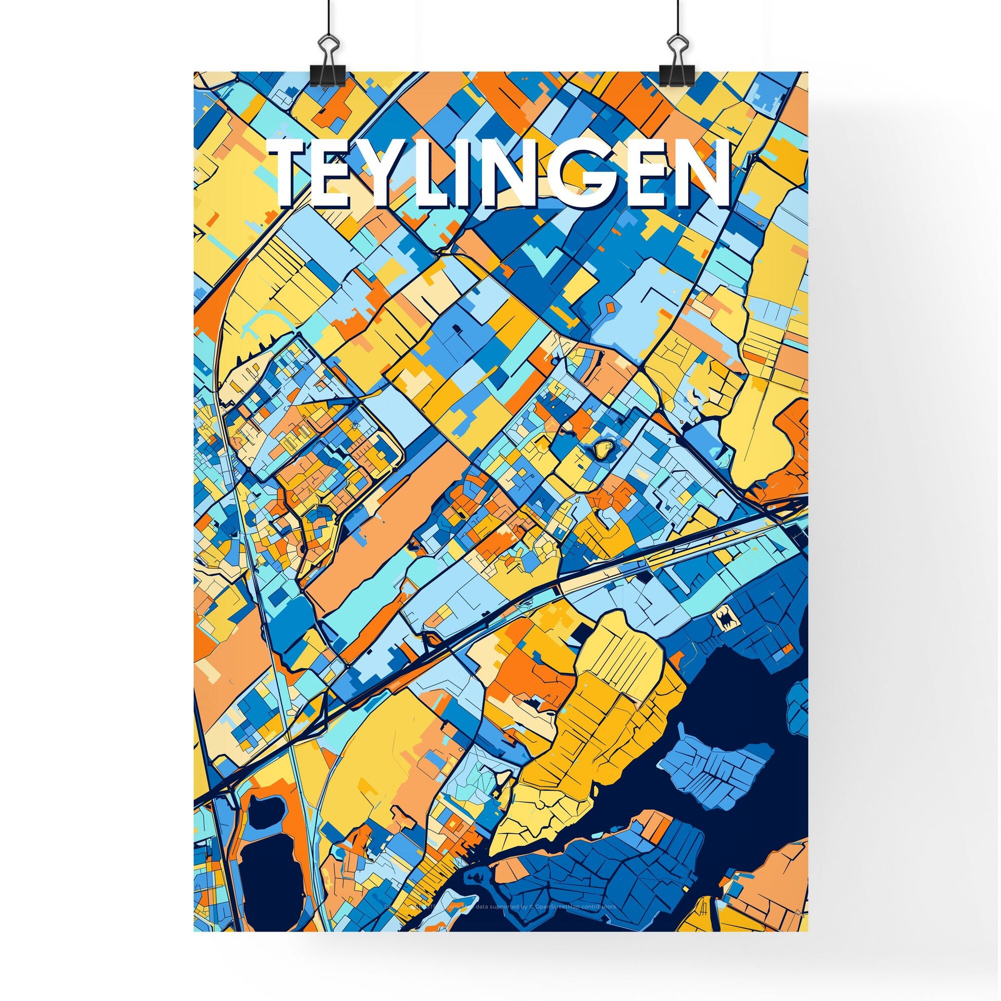 TEYLINGEN NETHERLANDS Vibrant Colorful Art Map Poster Blue Orange