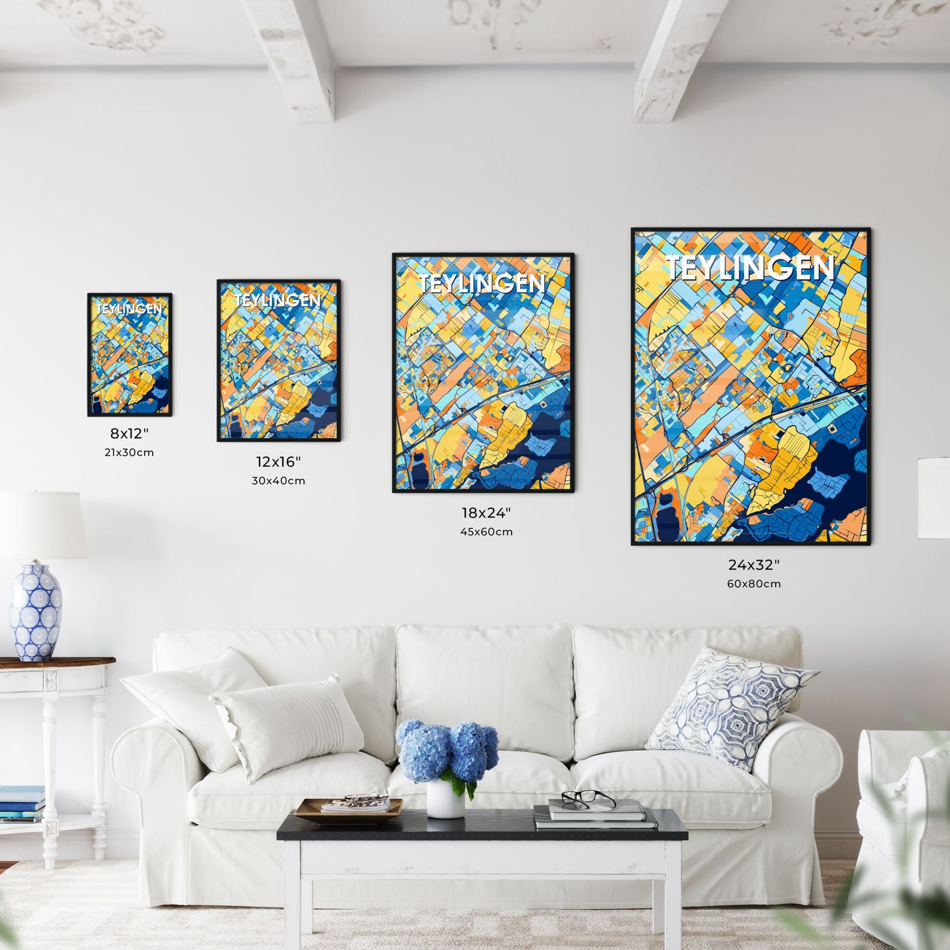 TEYLINGEN NETHERLANDS Vibrant Colorful Art Map Poster Blue Orange