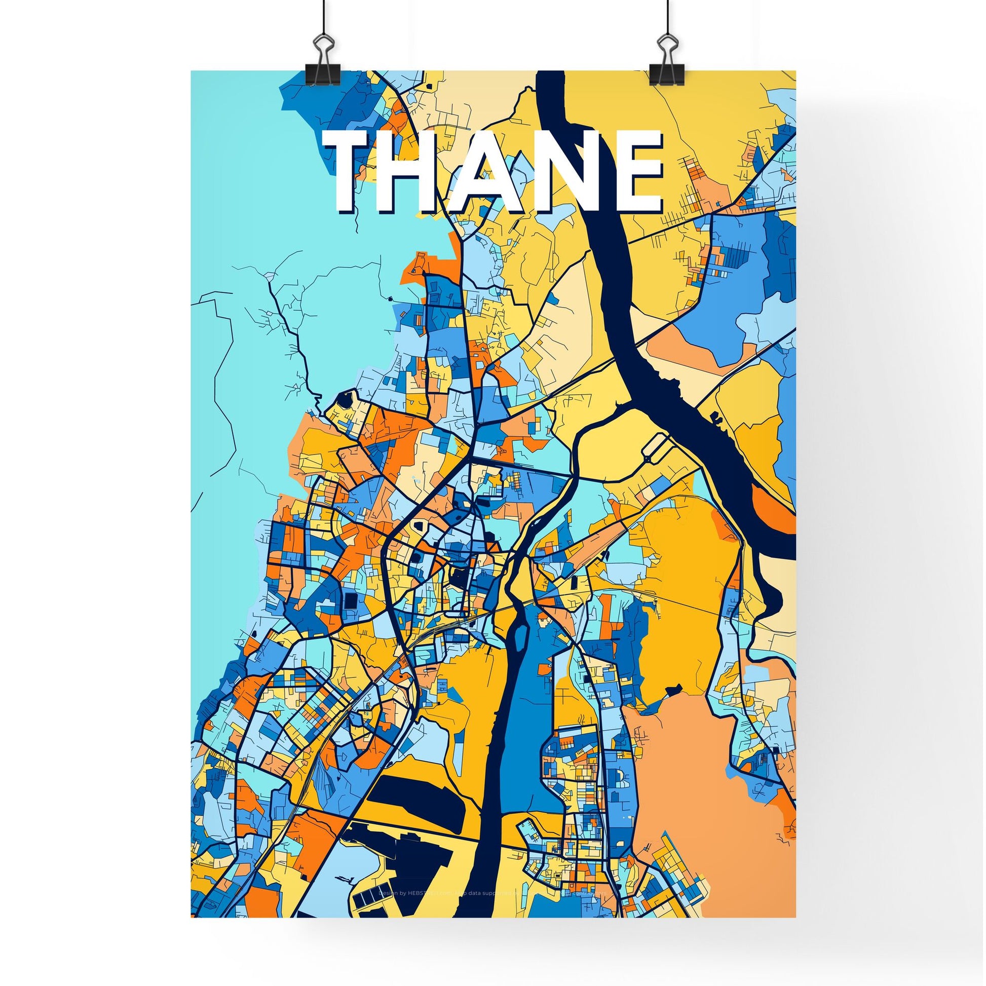 THANE INDIA Vibrant Colorful Art Map Poster Blue Orange