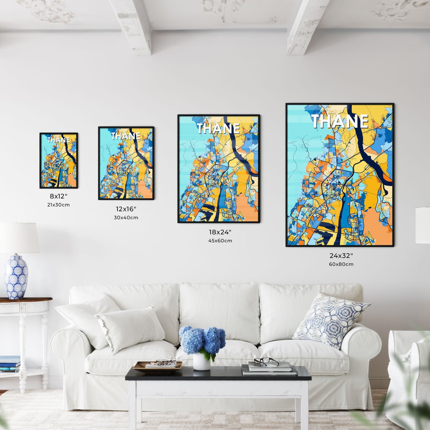 THANE INDIA Vibrant Colorful Art Map Poster Blue Orange