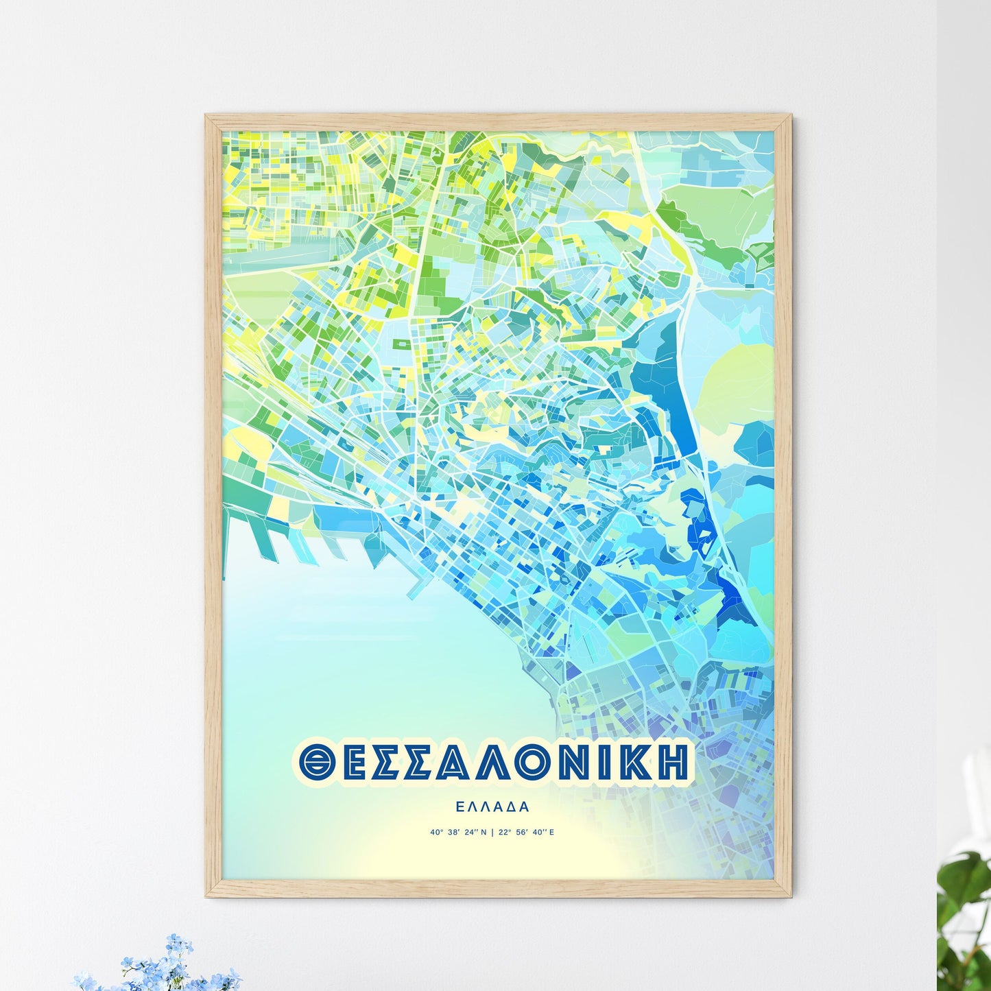 Colorful Thessaloniki Greece Fine Art Map Cool Blue