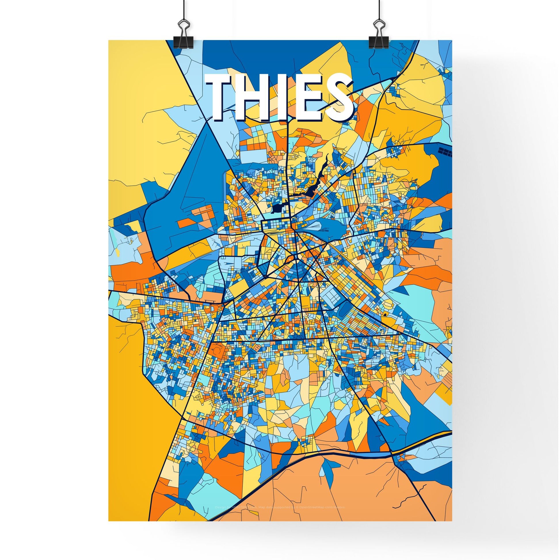 THIES SENEGAL Vibrant Colorful Art Map Poster Blue Orange