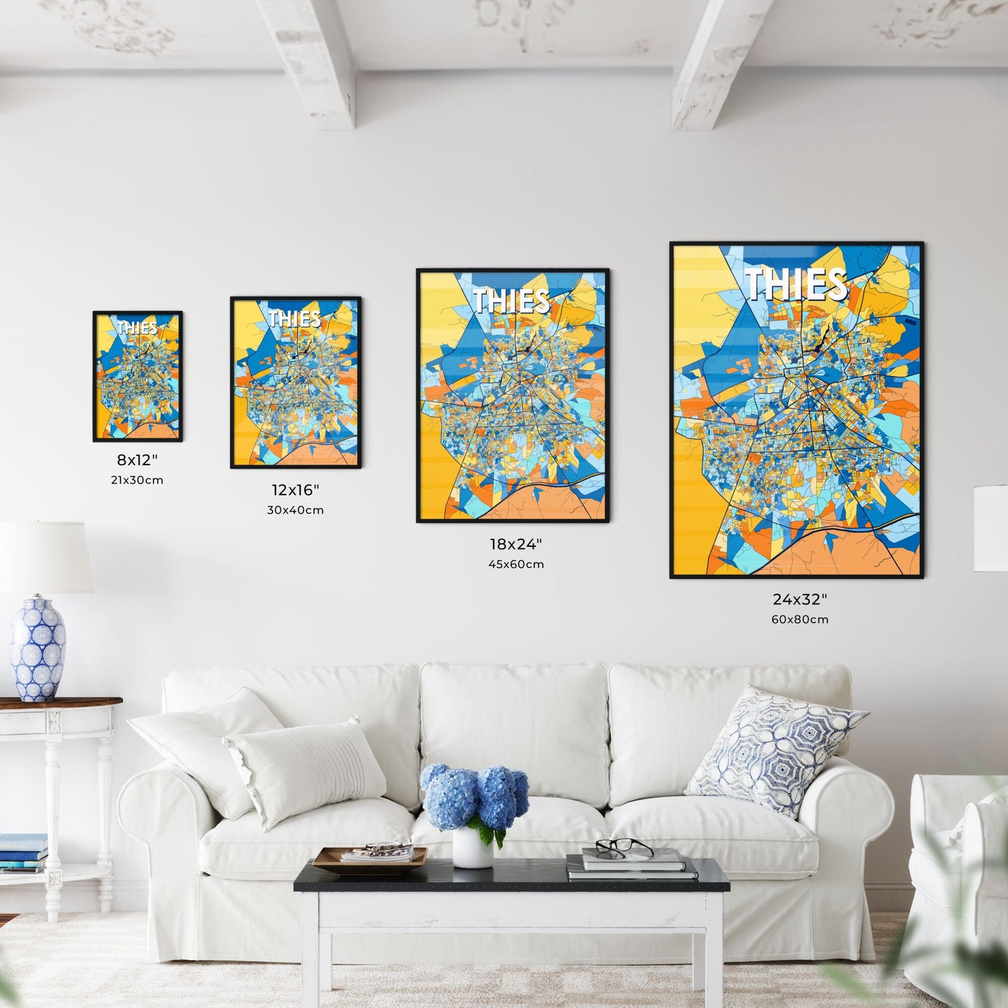 THIES SENEGAL Vibrant Colorful Art Map Poster Blue Orange