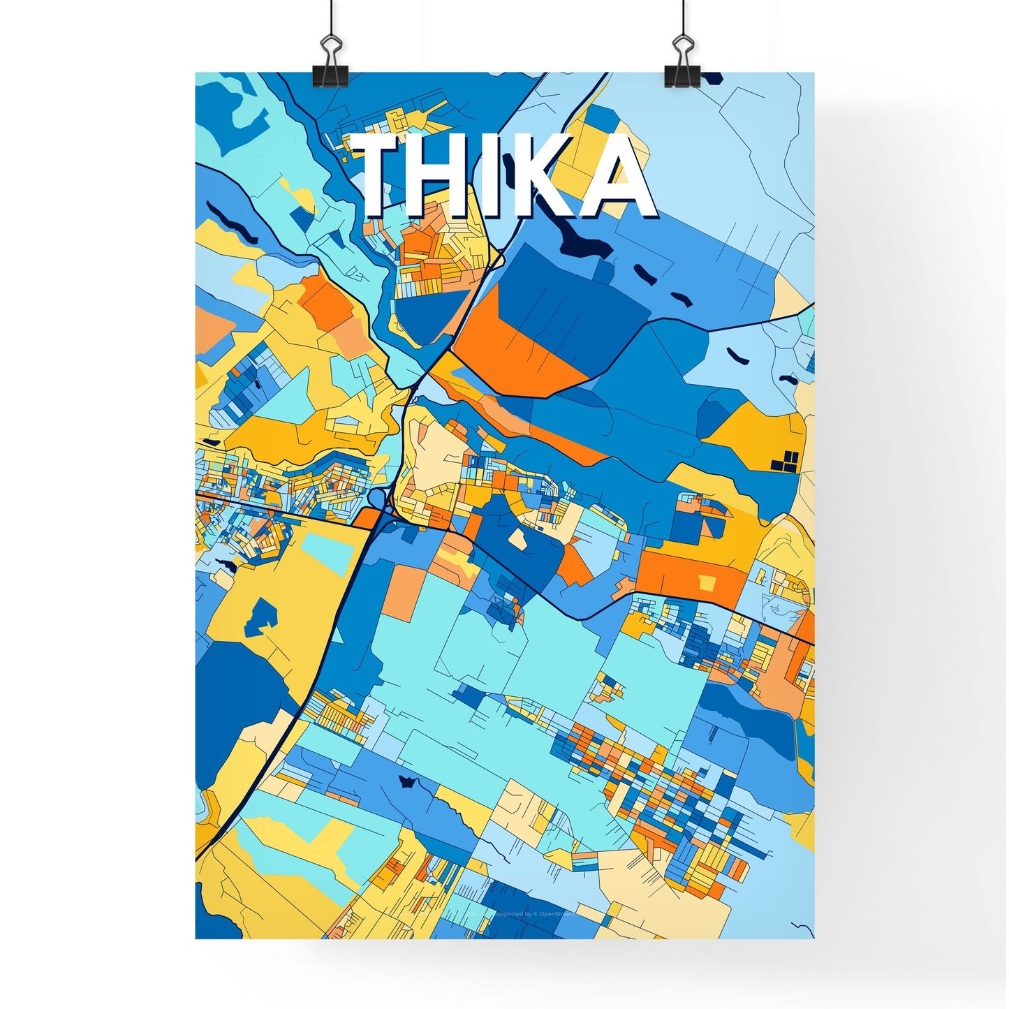 THIKA KENYA Vibrant Colorful Art Map Poster Blue Orange