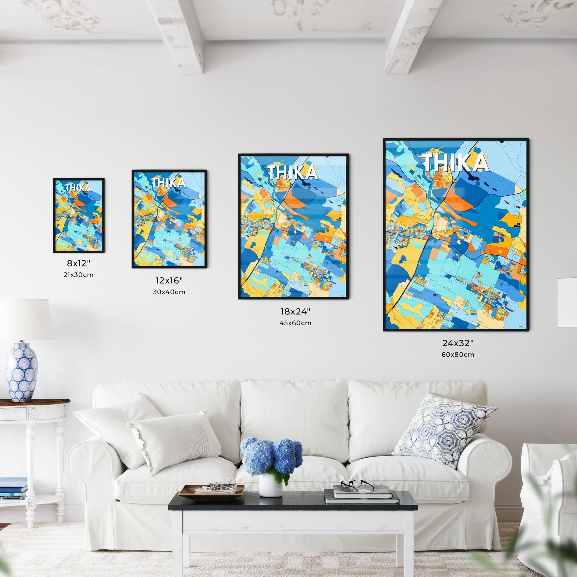 THIKA KENYA Vibrant Colorful Art Map Poster Blue Orange