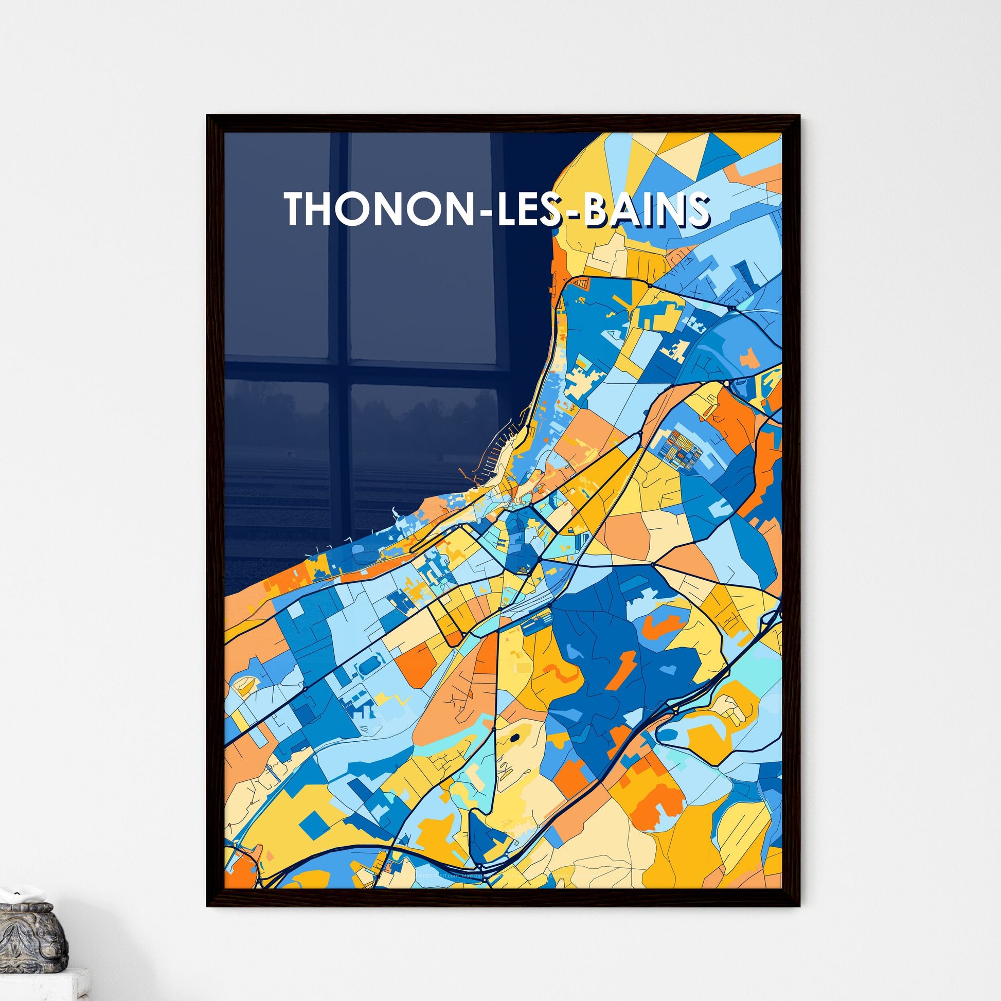 THONON-LES-BAINS FRANCE Vibrant Colorful Art Map Poster Blue Orange