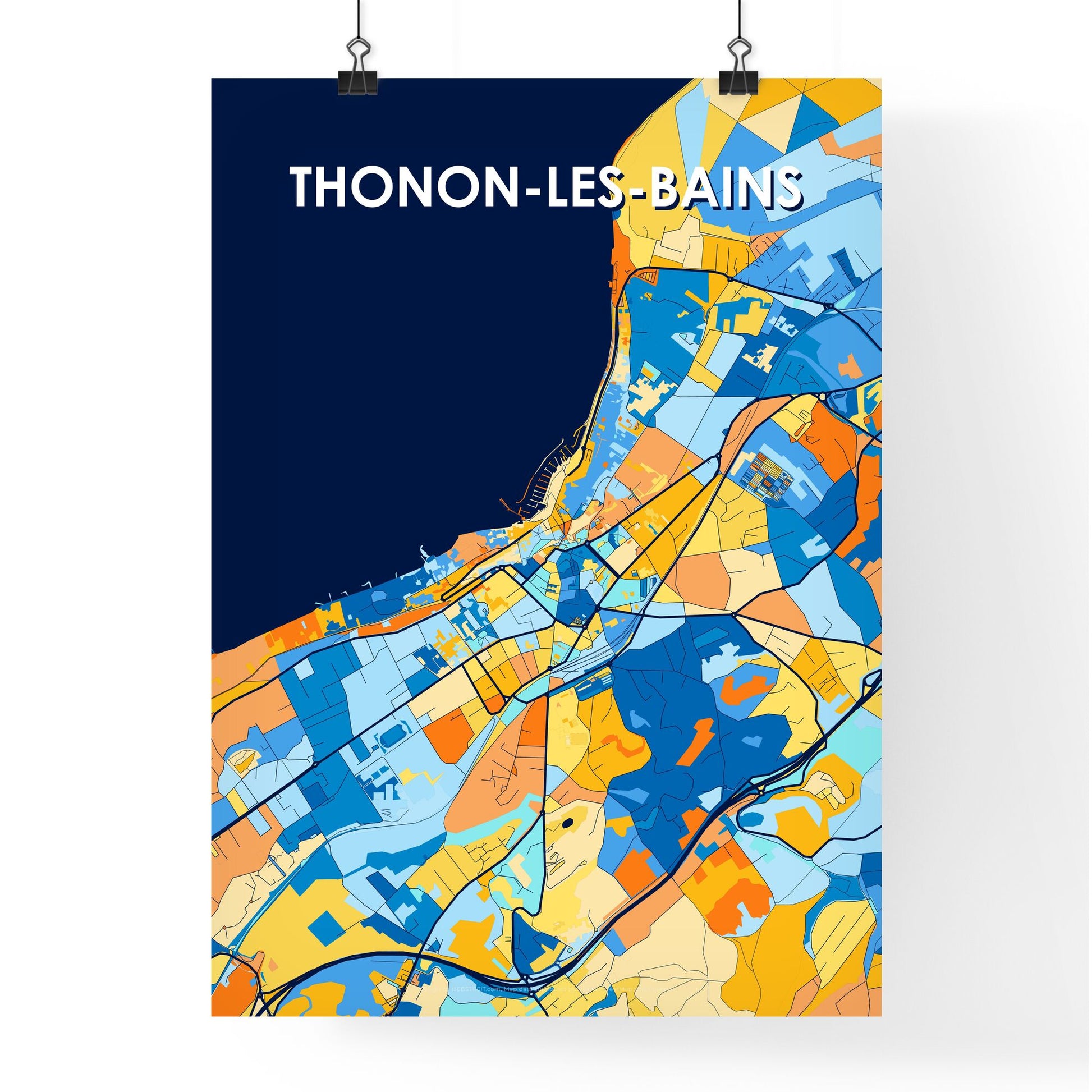 THONON-LES-BAINS FRANCE Vibrant Colorful Art Map Poster Blue Orange