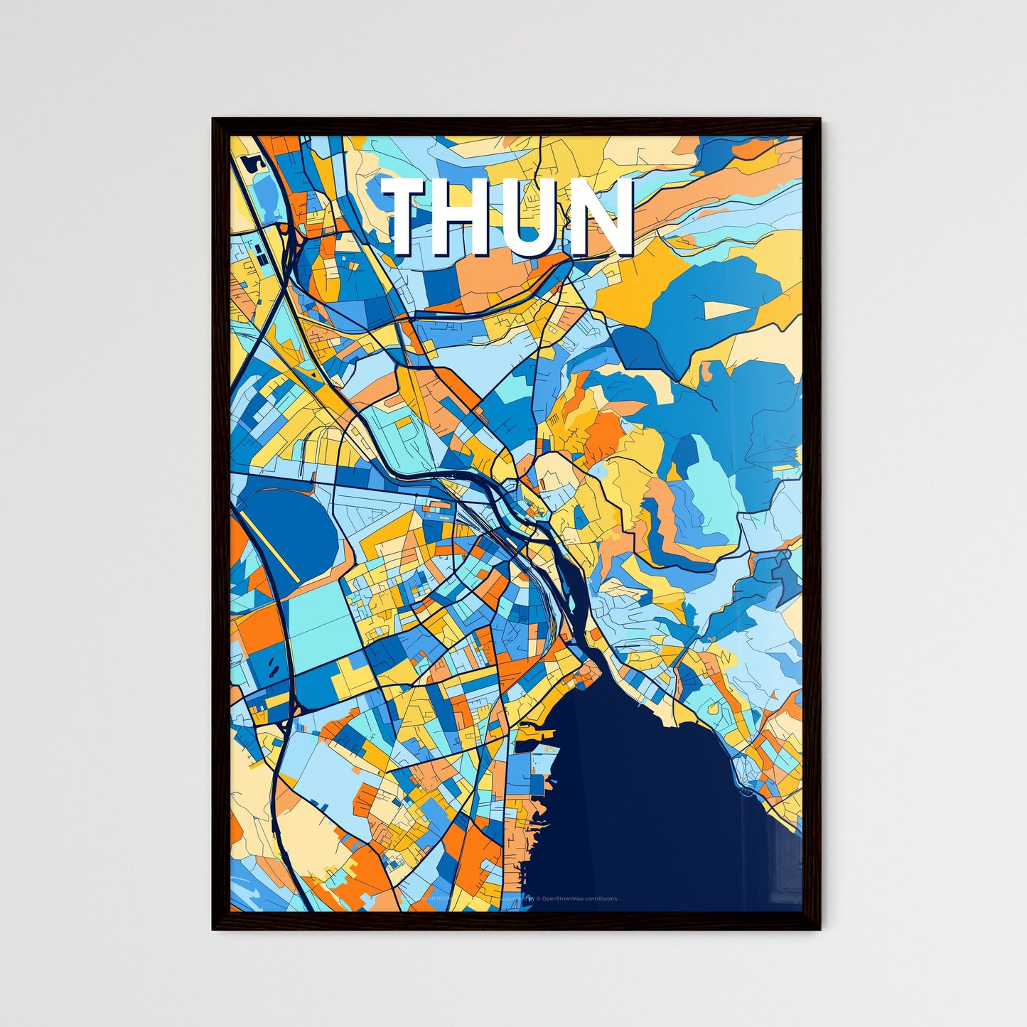 THUN SWITZERLAND Vibrant Colorful Art Map Poster Blue Orange