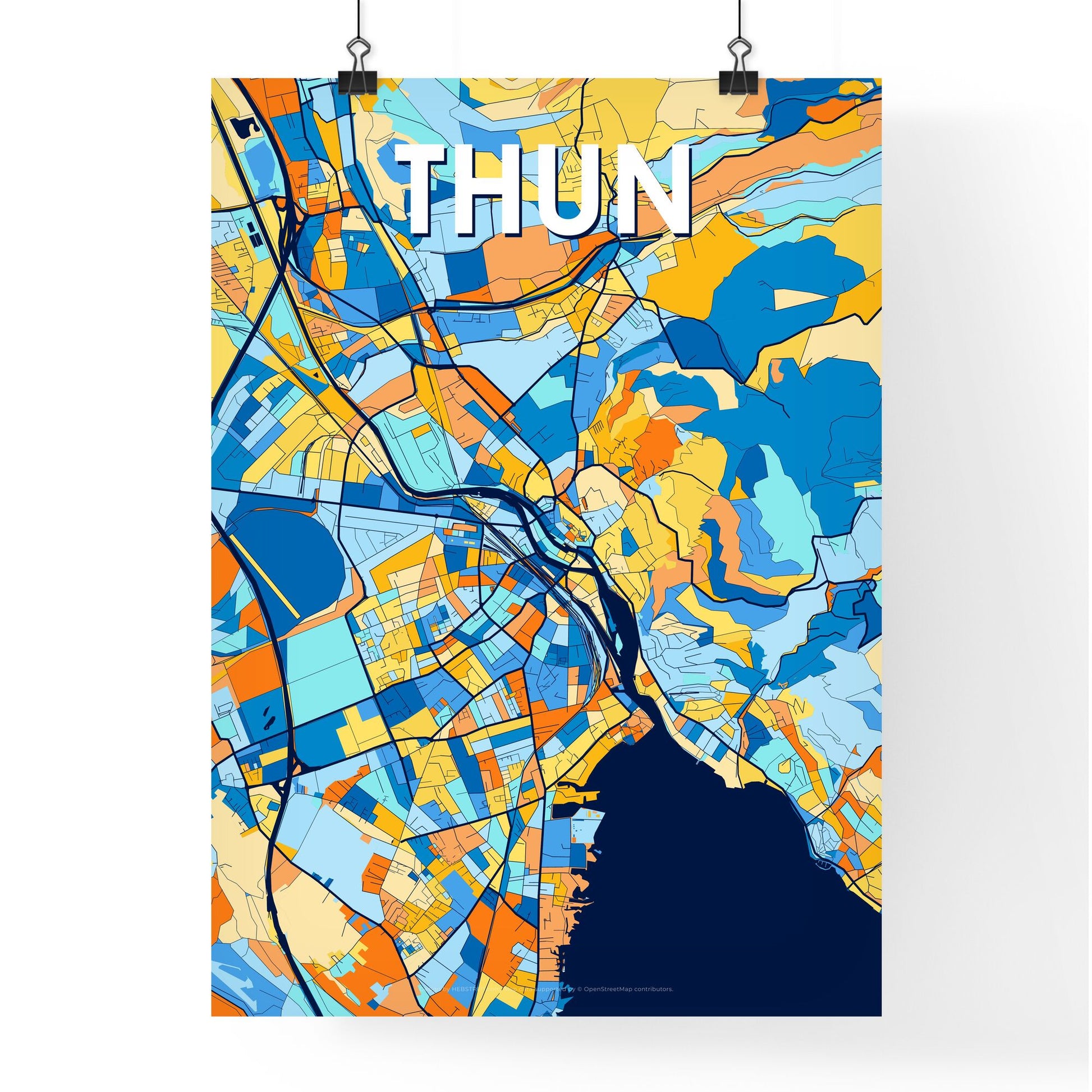 THUN SWITZERLAND Vibrant Colorful Art Map Poster Blue Orange