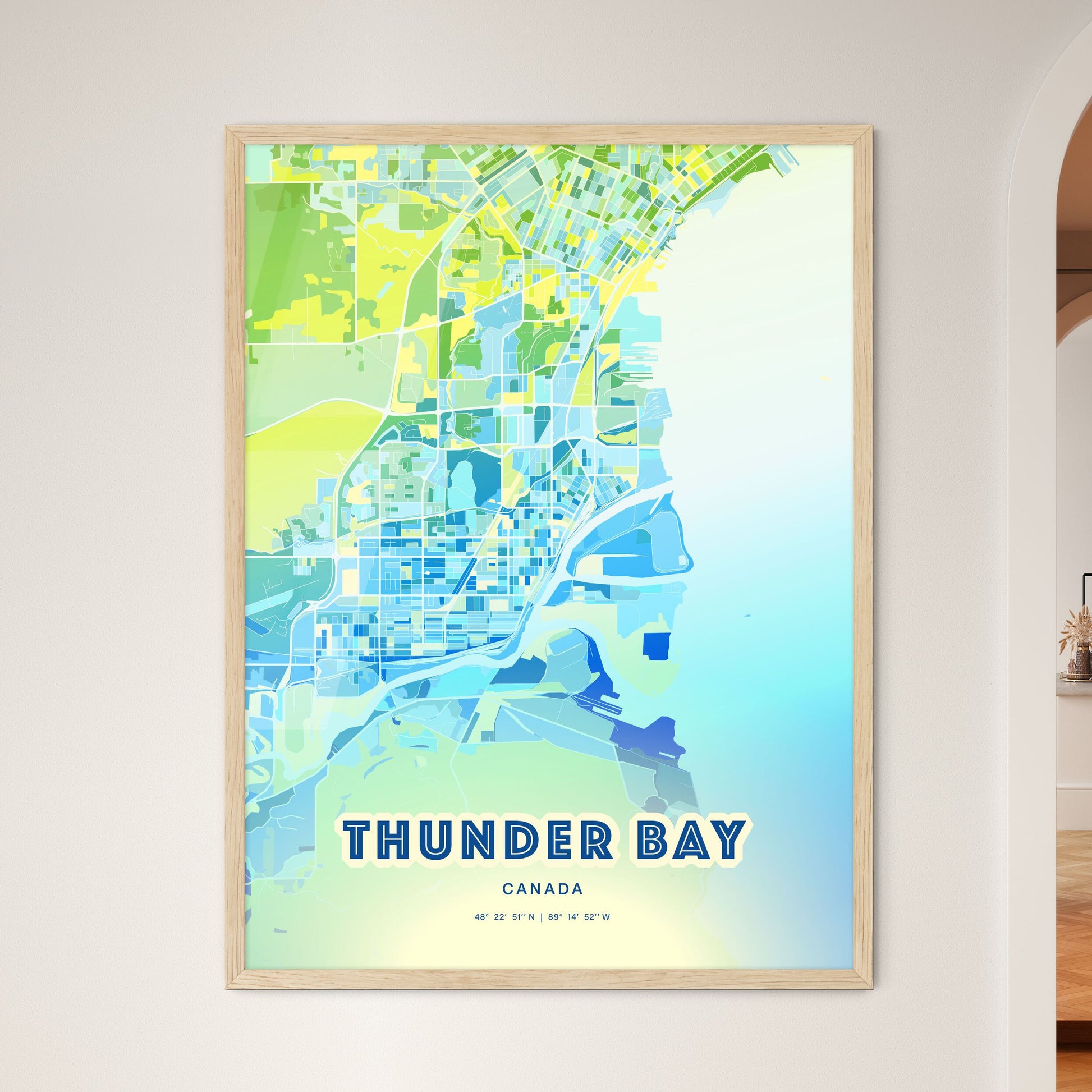 Colorful Thunder Bay Canada Fine Art Map Cool Blue