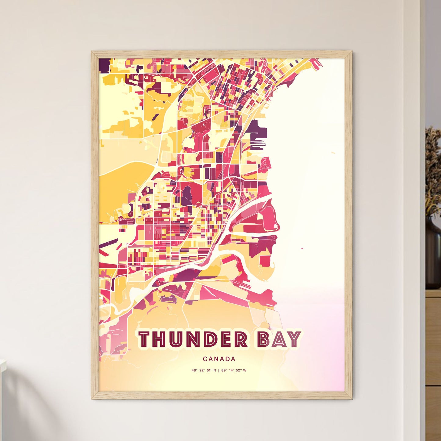 Colorful Thunder Bay Canada Fine Art Map Hot Red