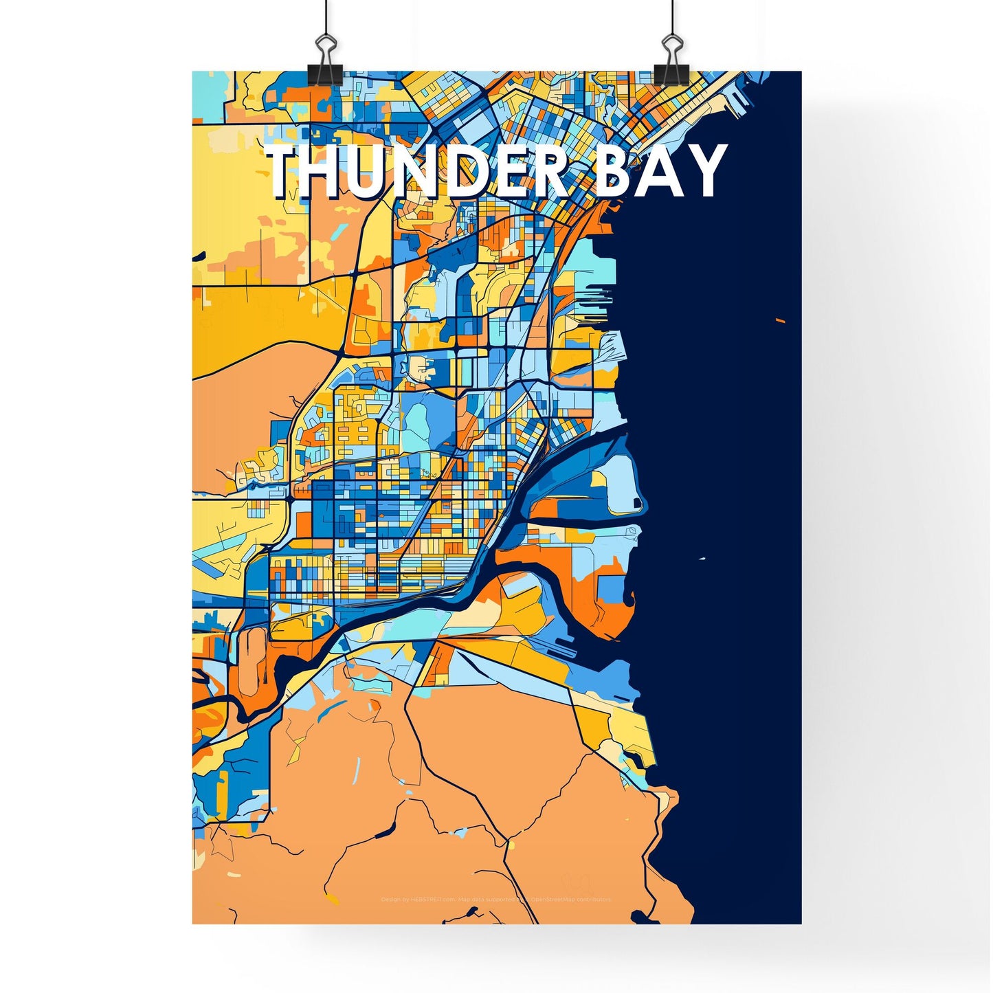 THUNDER BAY CANADA Vibrant Colorful Art Map Poster Blue Orange