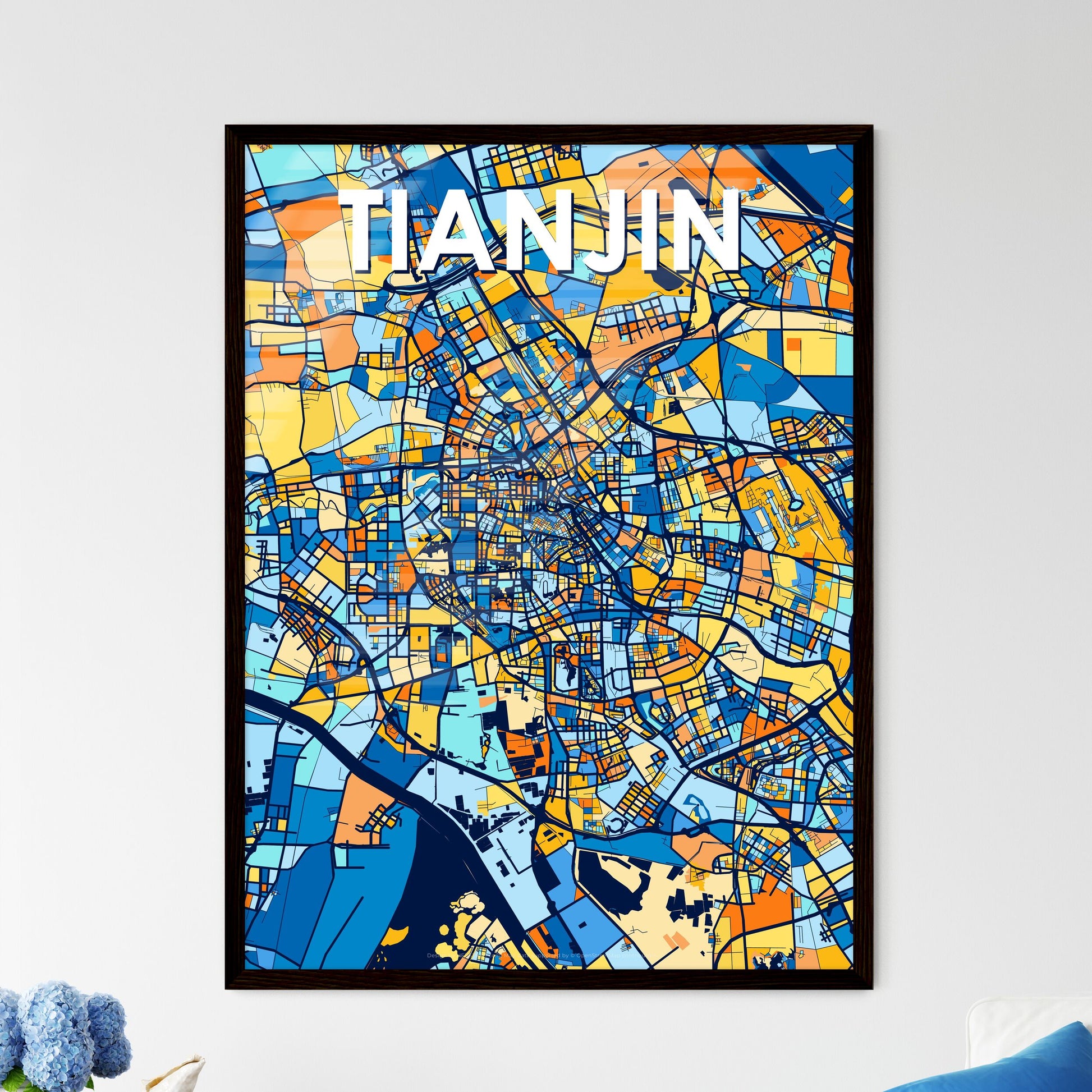 TIANJIN CHINA Vibrant Colorful Art Map Poster Blue Orange