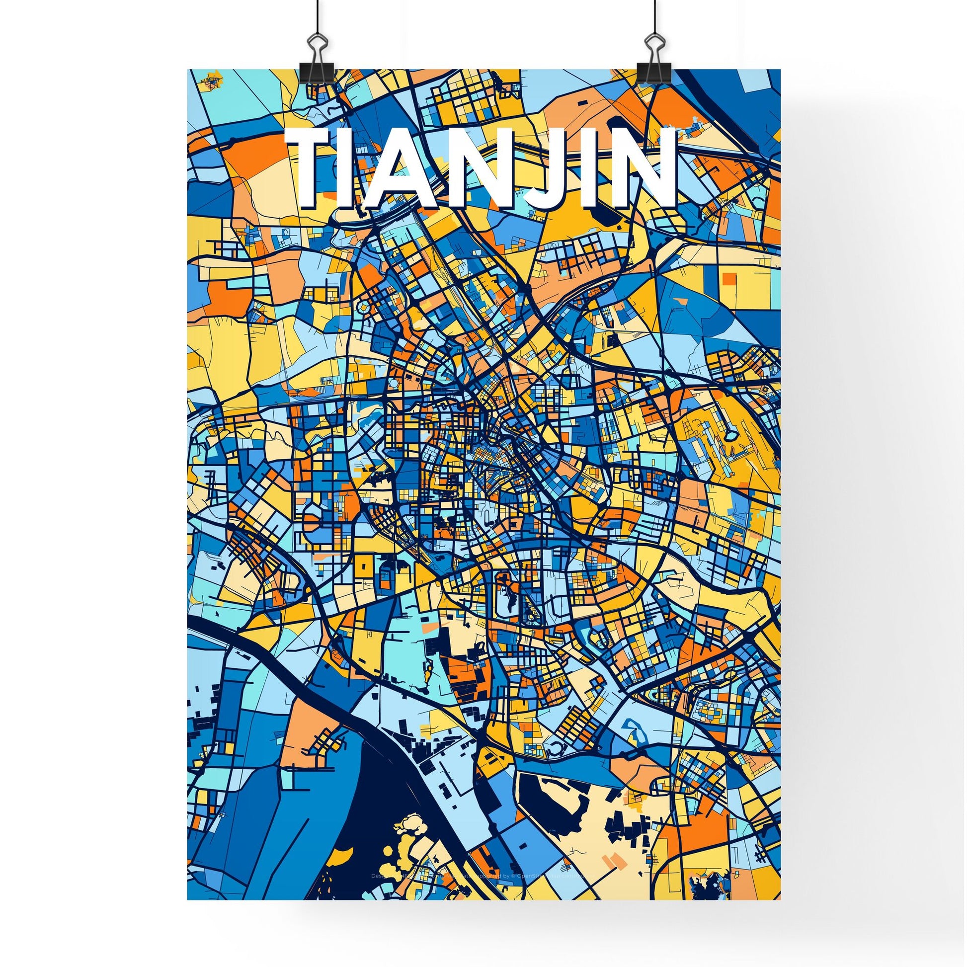 TIANJIN CHINA Vibrant Colorful Art Map Poster Blue Orange