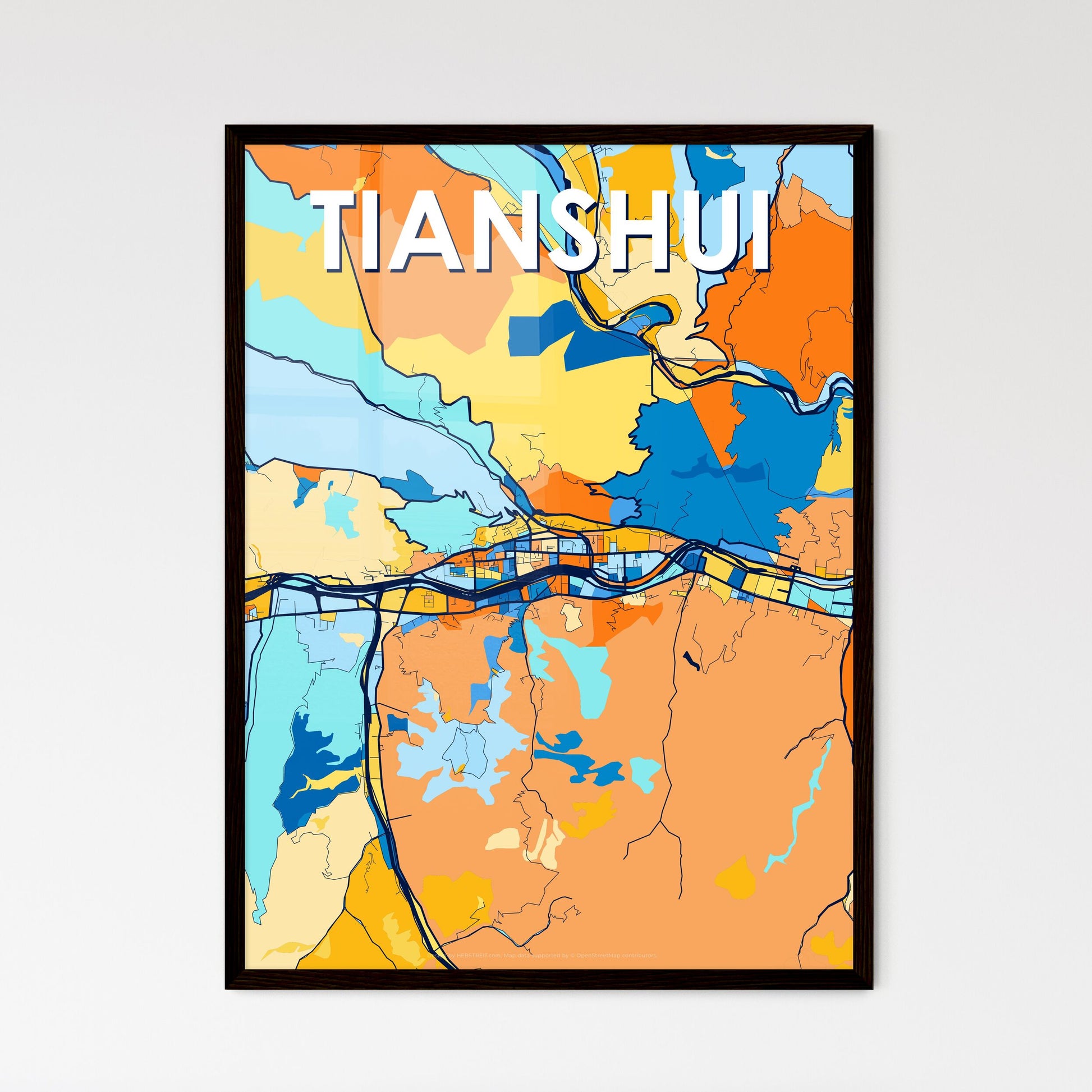 TIANSHUI CHINA Vibrant Colorful Art Map Poster Blue Orange