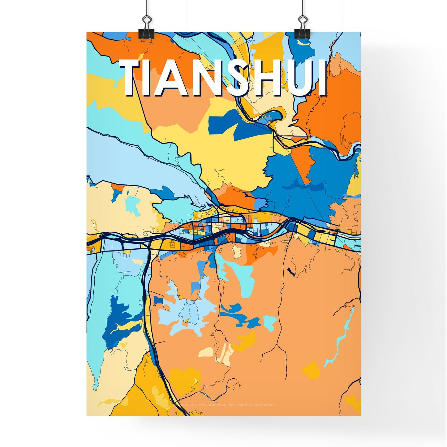 TIANSHUI CHINA Vibrant Colorful Art Map Poster Blue Orange