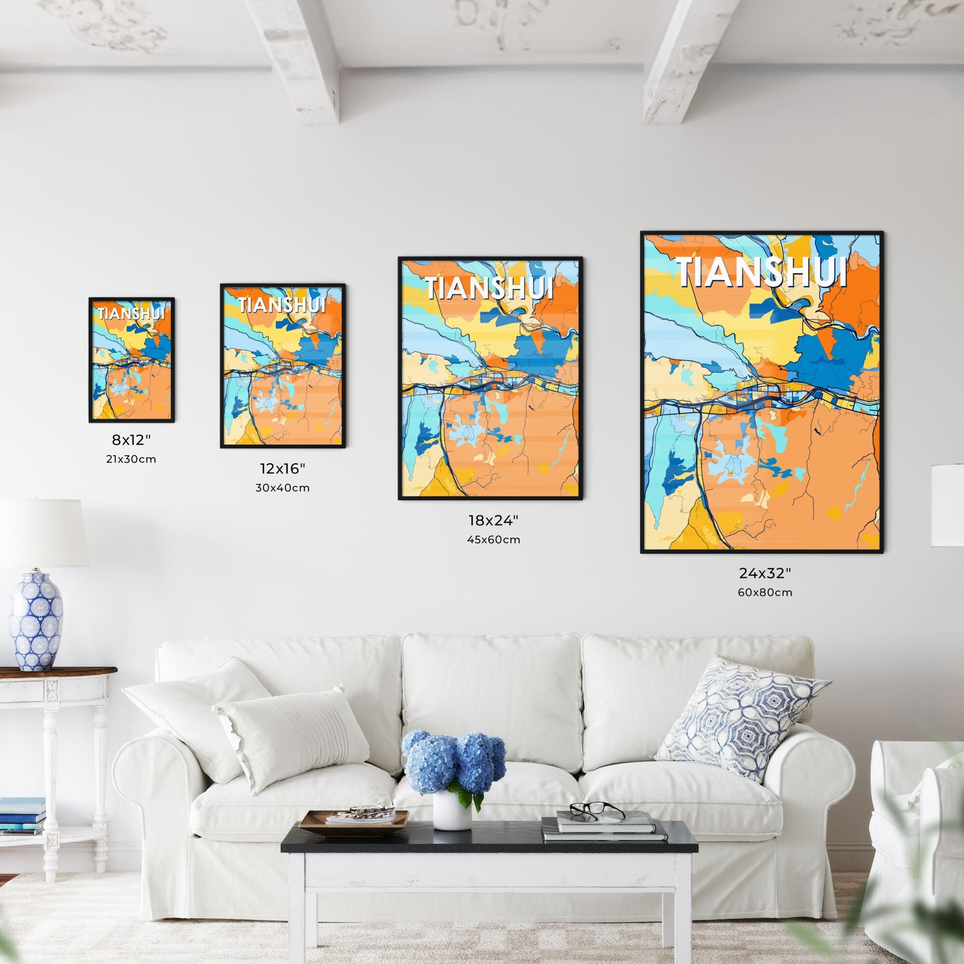 TIANSHUI CHINA Vibrant Colorful Art Map Poster Blue Orange