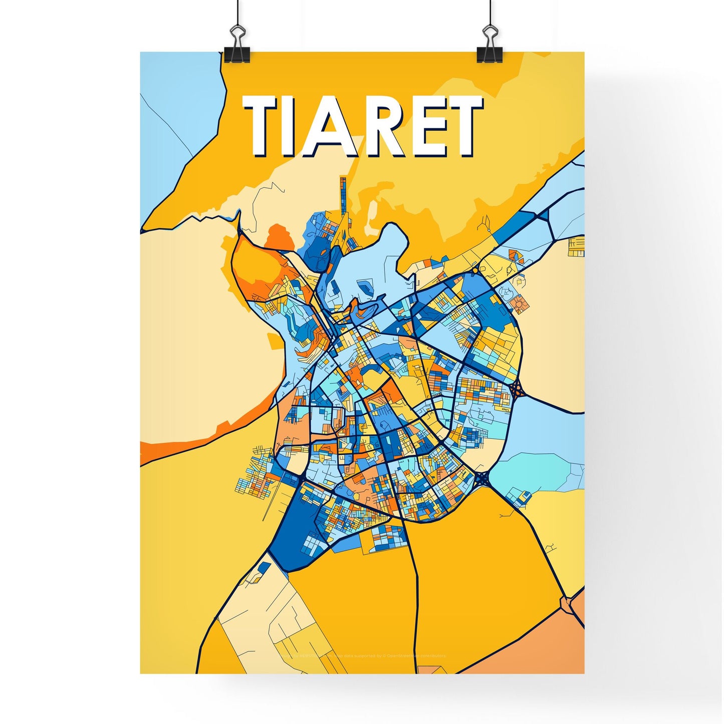 TIARET ALGERIA Vibrant Colorful Art Map Poster Blue Orange