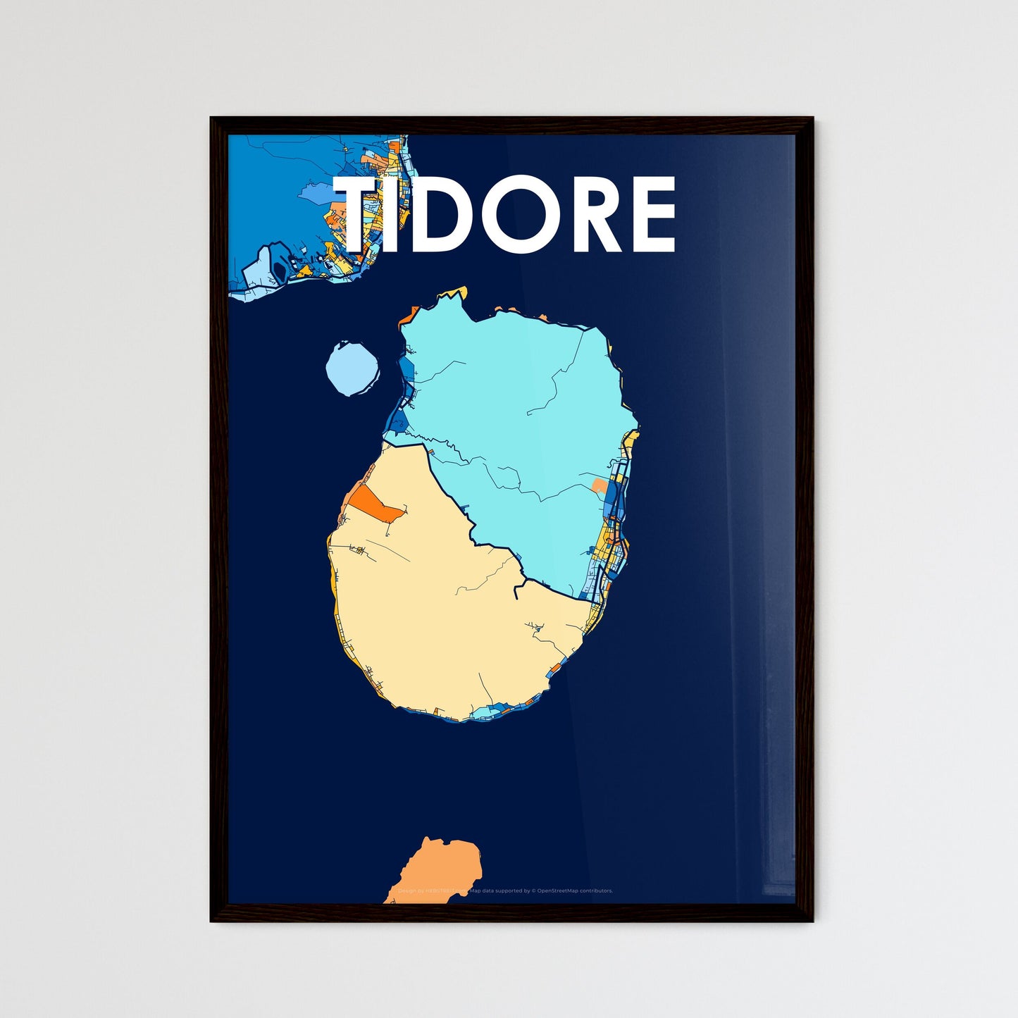 TIDORE INDONESIA Vibrant Colorful Art Map Poster Blue Orange