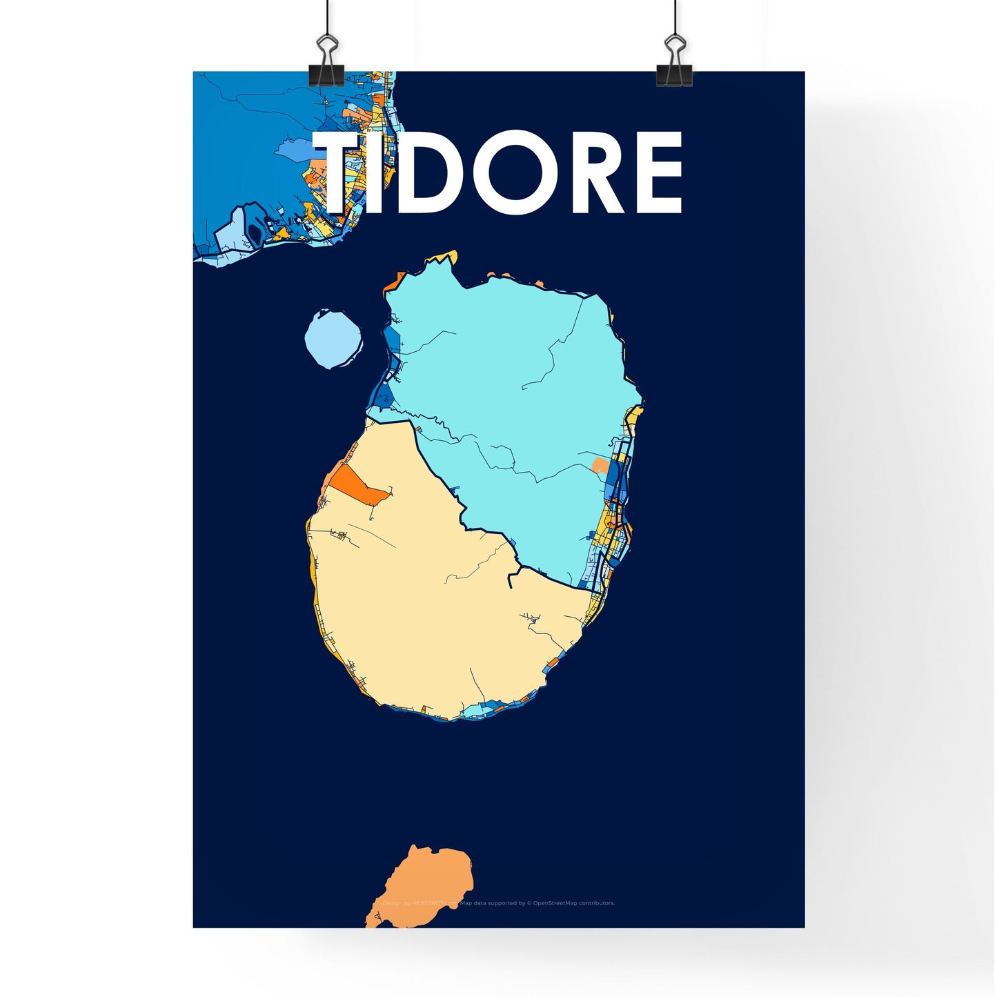 TIDORE INDONESIA Vibrant Colorful Art Map Poster Blue Orange