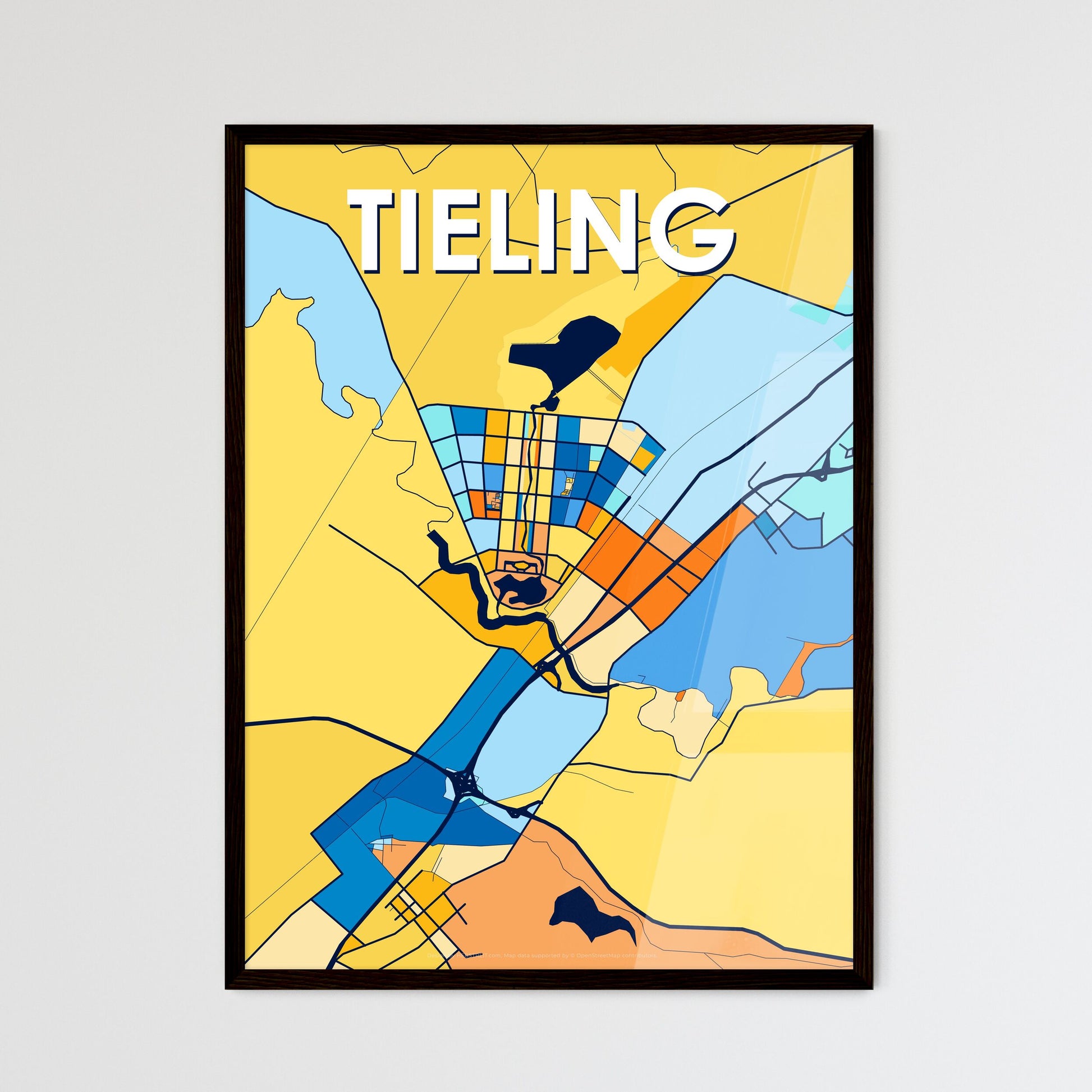 TIELING CHINA Vibrant Colorful Art Map Poster Blue Orange