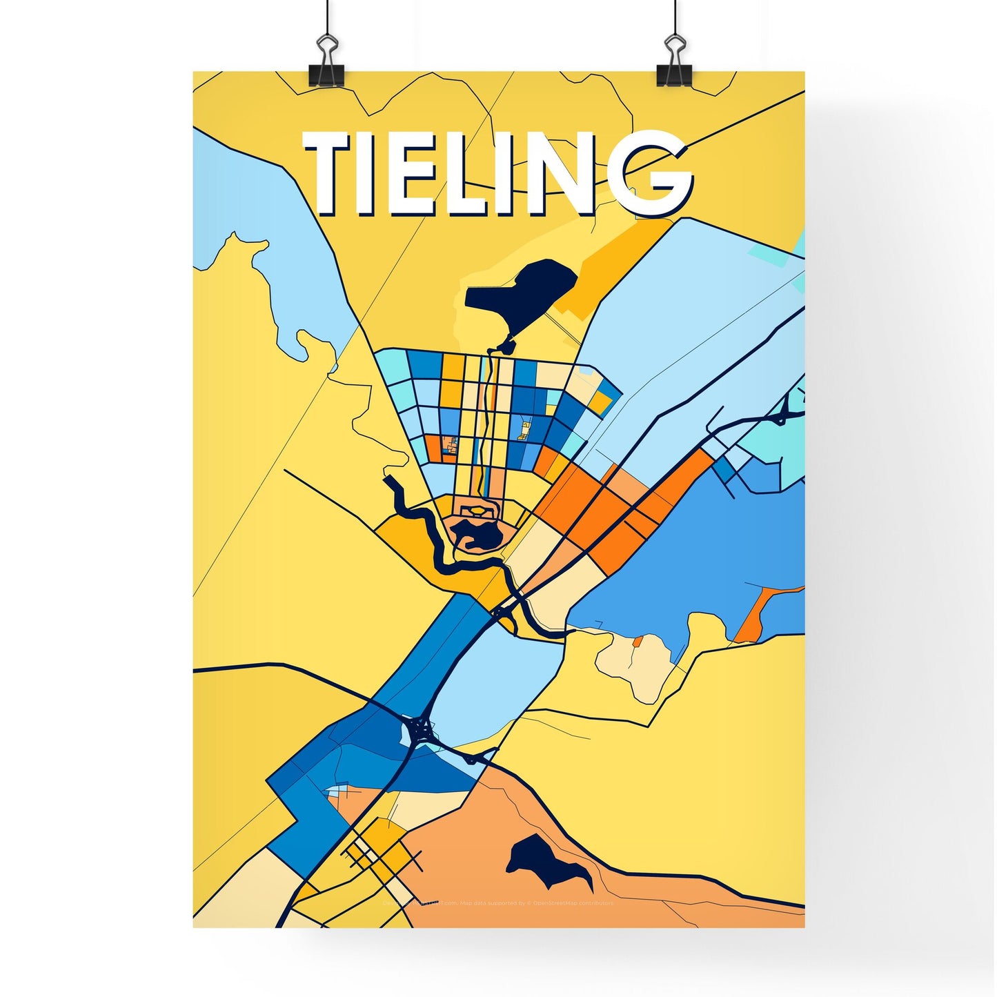 TIELING CHINA Vibrant Colorful Art Map Poster Blue Orange