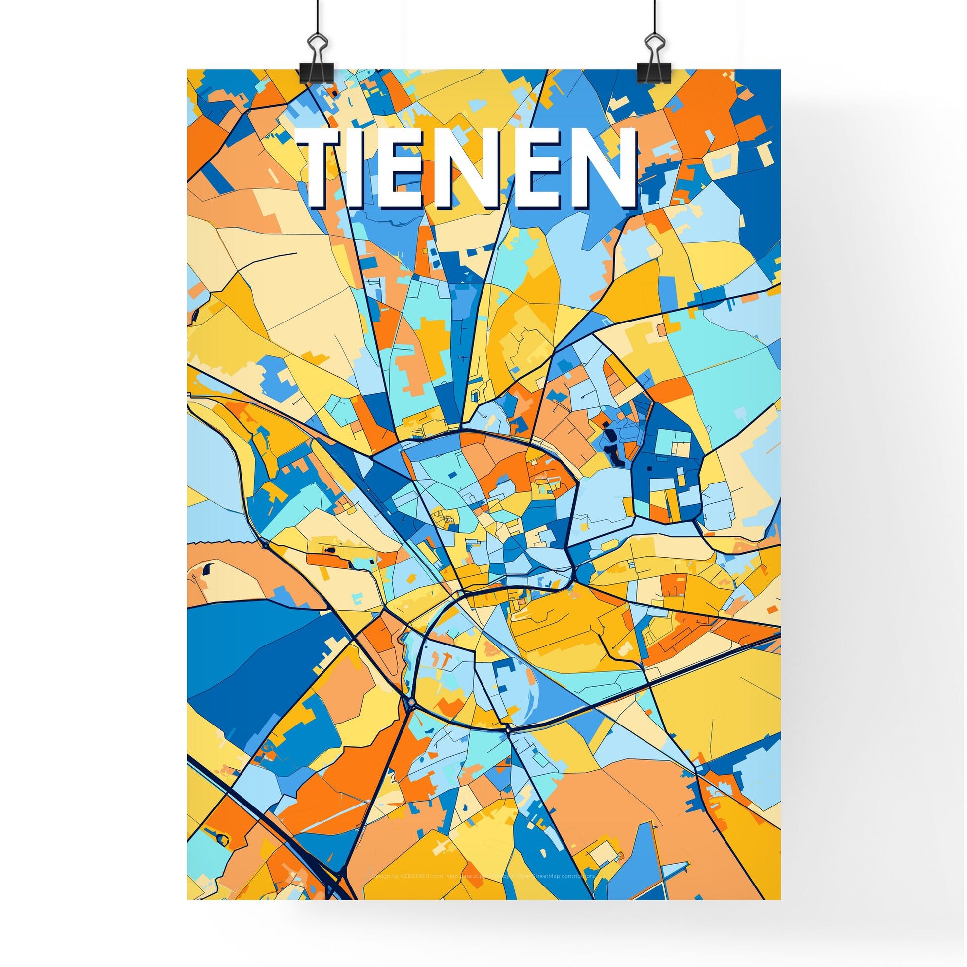 TIENEN BELGIUM Vibrant Colorful Art Map Poster Blue Orange