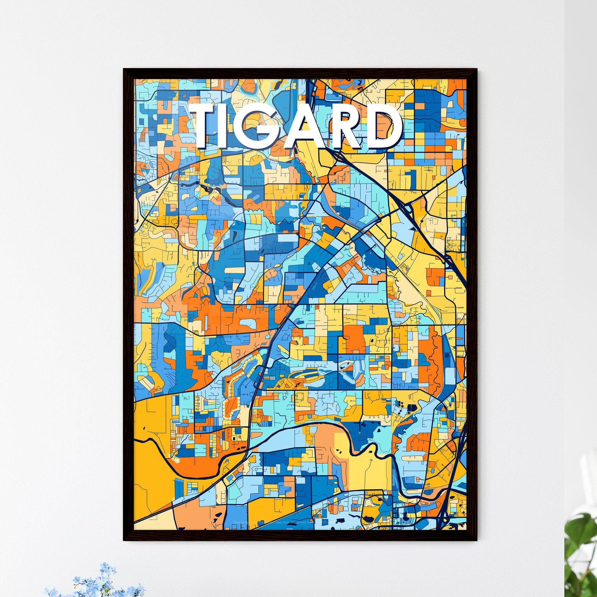 TIGARD OREGON Vibrant Colorful Art Map Poster Blue Orange