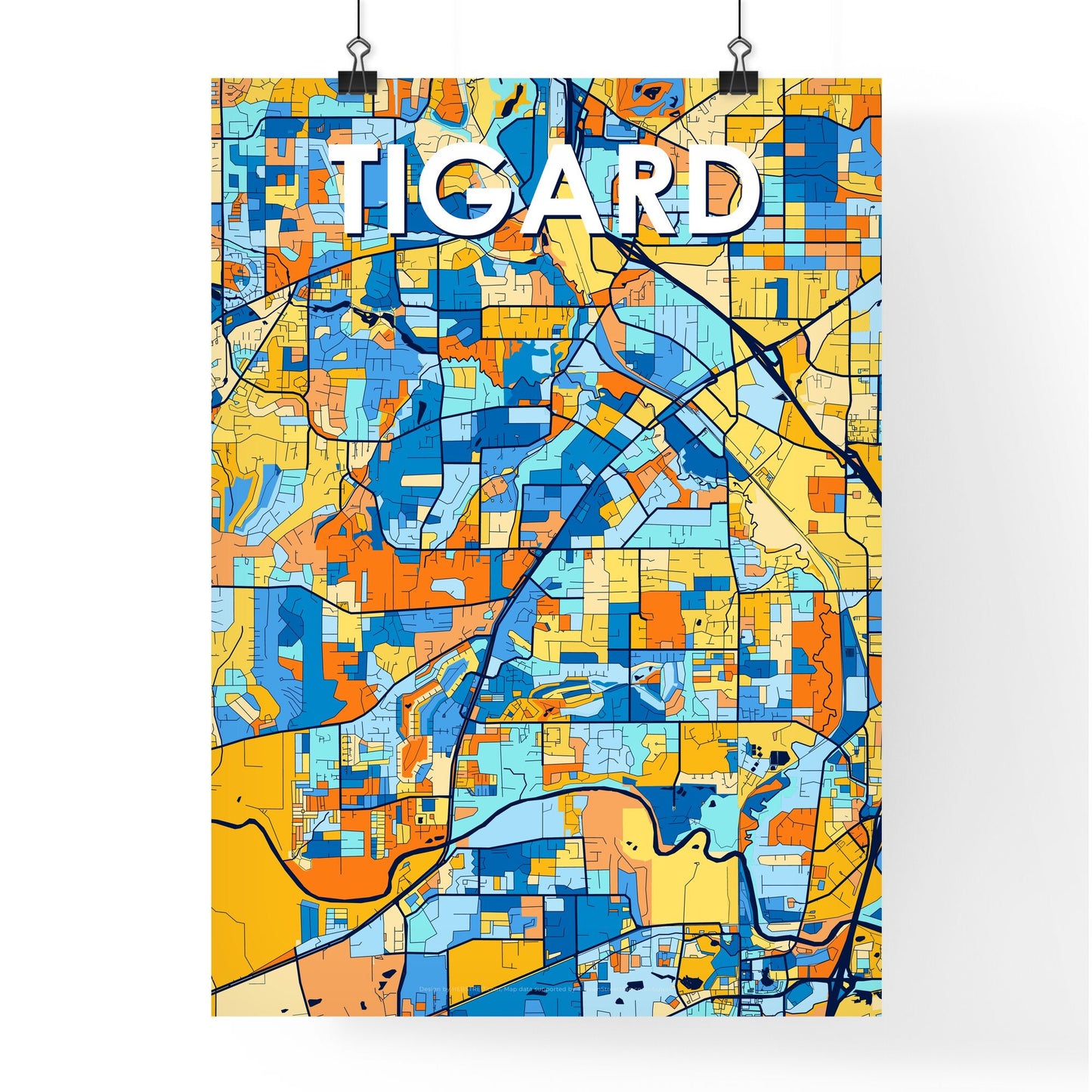 TIGARD OREGON Vibrant Colorful Art Map Poster Blue Orange