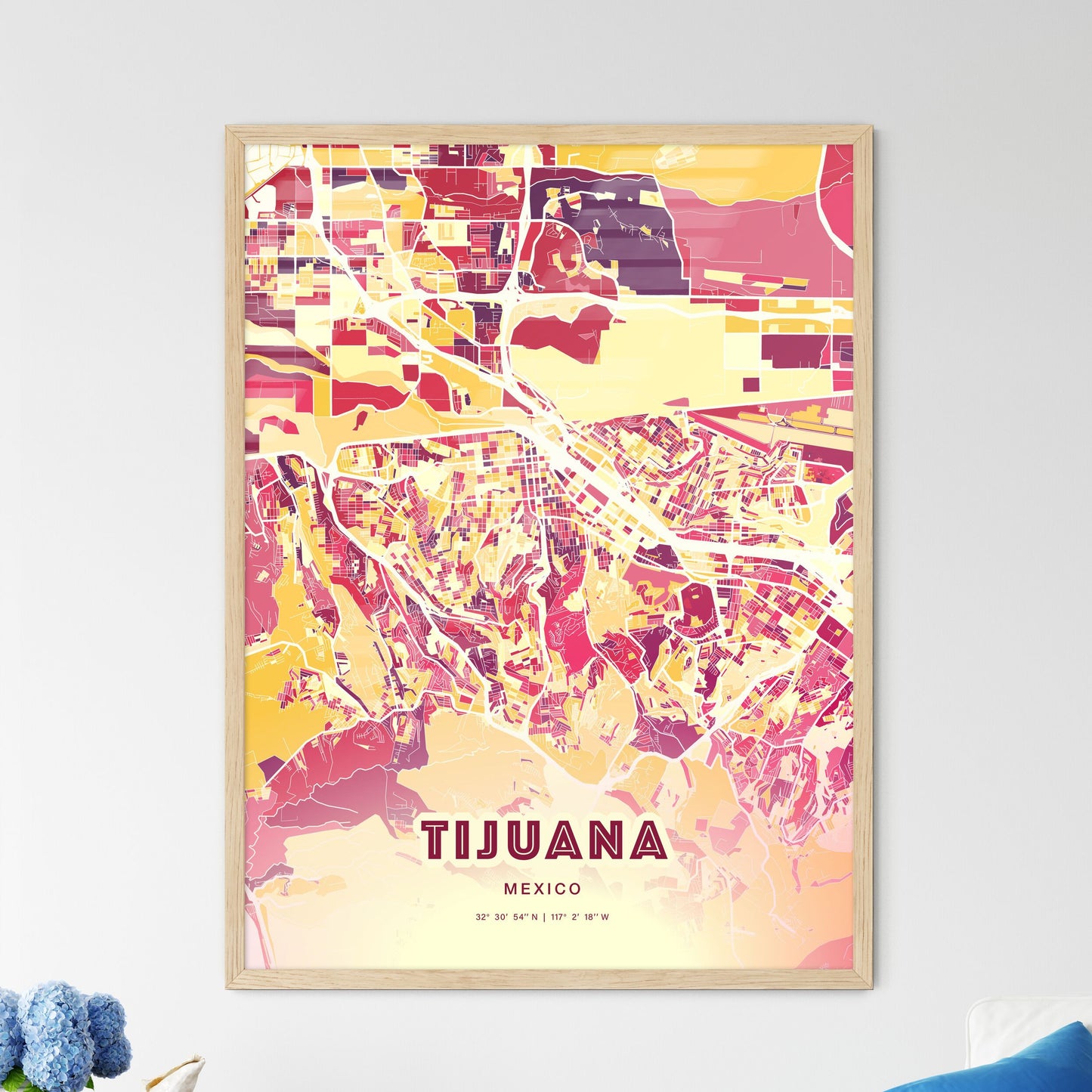 Colorful Tijuana Mexico Fine Art Map Hot Red