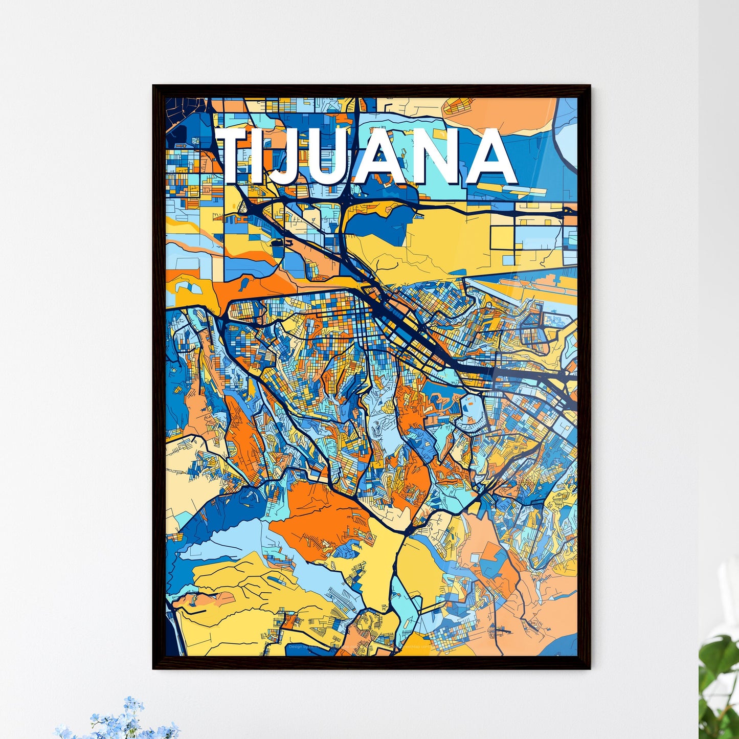 TIJUANA MEXICO Vibrant Colorful Art Map Poster Blue Orange