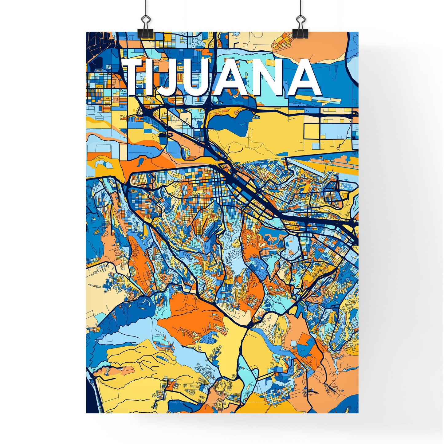 TIJUANA MEXICO Vibrant Colorful Art Map Poster Blue Orange